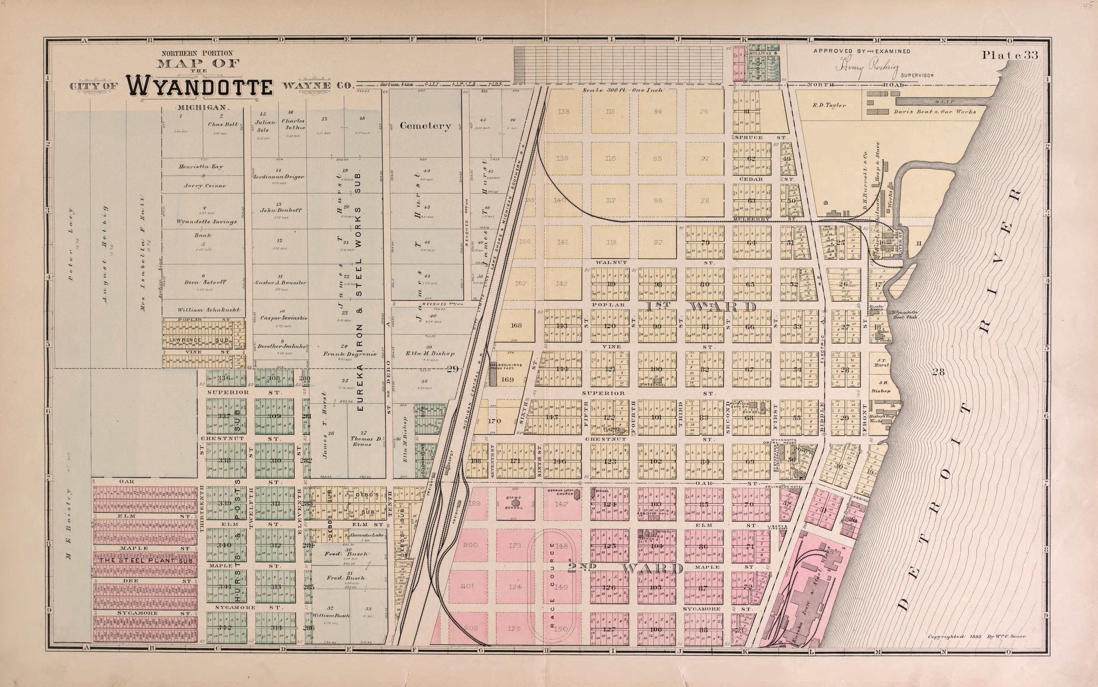 Wyandotte, Northern Portion from Detailed Official Atlas of Wayne County, Michigan : Containing General Maps of Wayne County and City of Detroit, General Township Maps ... : Also Detail Plats of All Recorded Subdivisions and Additions … 1893 by Relic Map Company