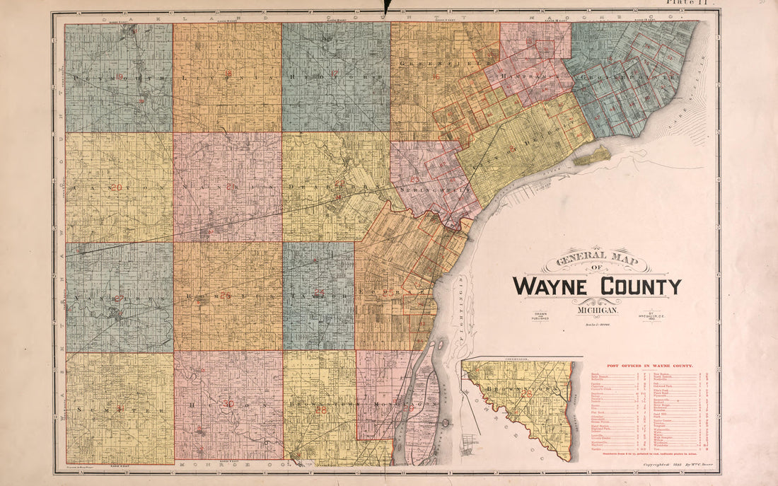 General Map of Wayne County from Detailed Official Atlas of Wayne County, Michigan : Containing General Maps of Wayne County and City of Detroit, General Township Maps ... : Also Detail Plats of All Recorded Subdivisions and Additions … 1893 by Relic Map Company