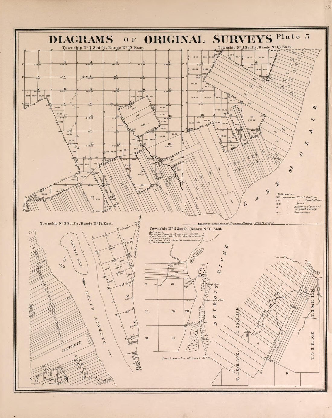 Diagrams of Original Surveys - 4 from Detailed Official Atlas of Wayne County, Michigan : Containing General Maps of Wayne County and City of Detroit, General Township Maps ... : Also Detail Plats of All Recorded Subdivisions and Additions … 1893 by Relic Map Company