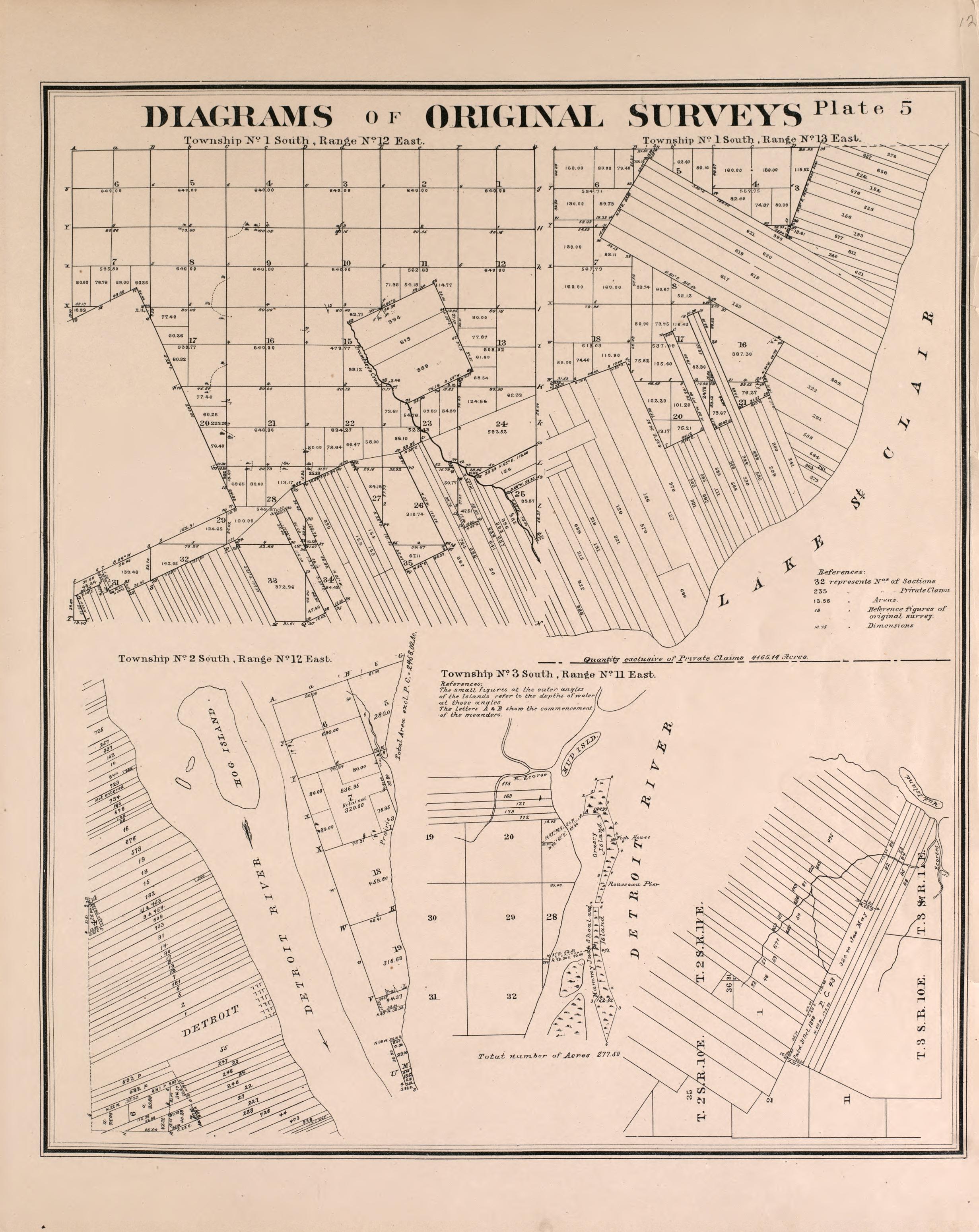 Diagrams of Original Surveys - 4 from Detailed Official Atlas of Wayne County, Michigan : Containing General Maps of Wayne County and City of Detroit, General Township Maps ... : Also Detail Plats of All Recorded Subdivisions and Additions … 1893 by Relic Map Company