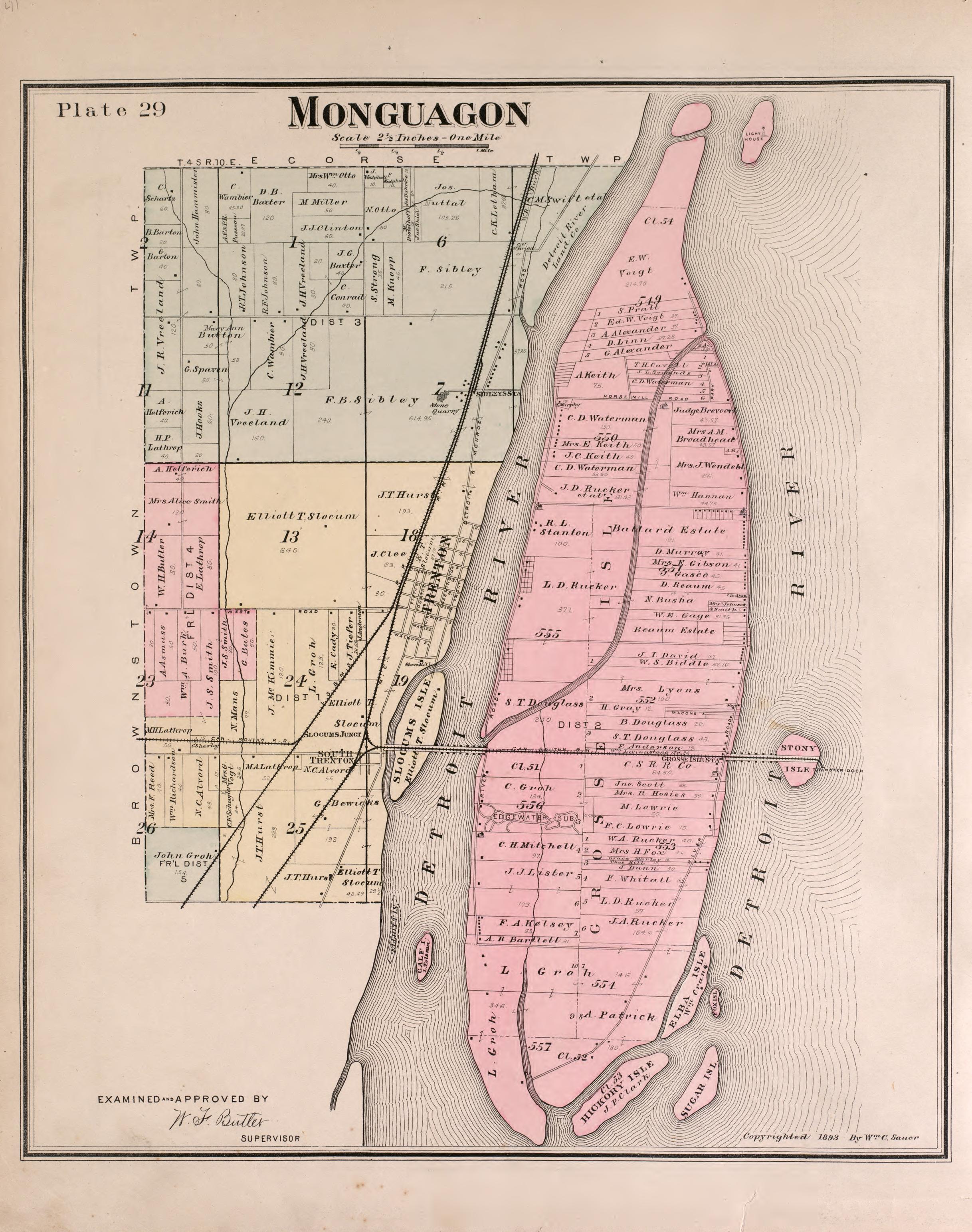 Monguagon Township from Detailed Official Atlas of Wayne County, Michigan : Containing General Maps of Wayne County and City of Detroit, General Township Maps ... : Also Detail Plats of All Recorded Subdivisions and Additions … 1893 by Relic Map Company