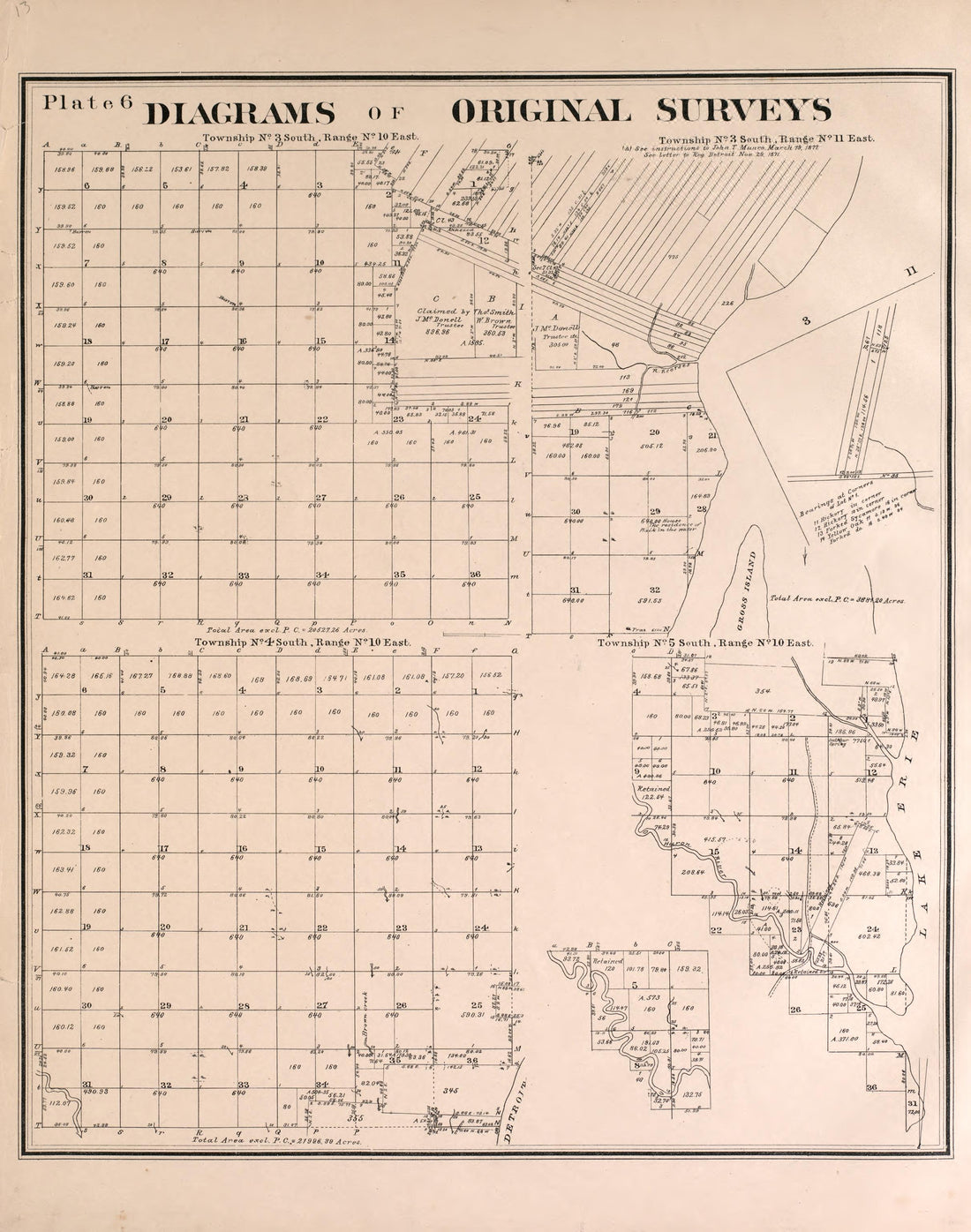Diagrams of Original Surveys - 5 from Detailed Official Atlas of Wayne County, Michigan : Containing General Maps of Wayne County and City of Detroit, General Township Maps ... : Also Detail Plats of All Recorded Subdivisions and Additions … 1893 by Relic Map Company