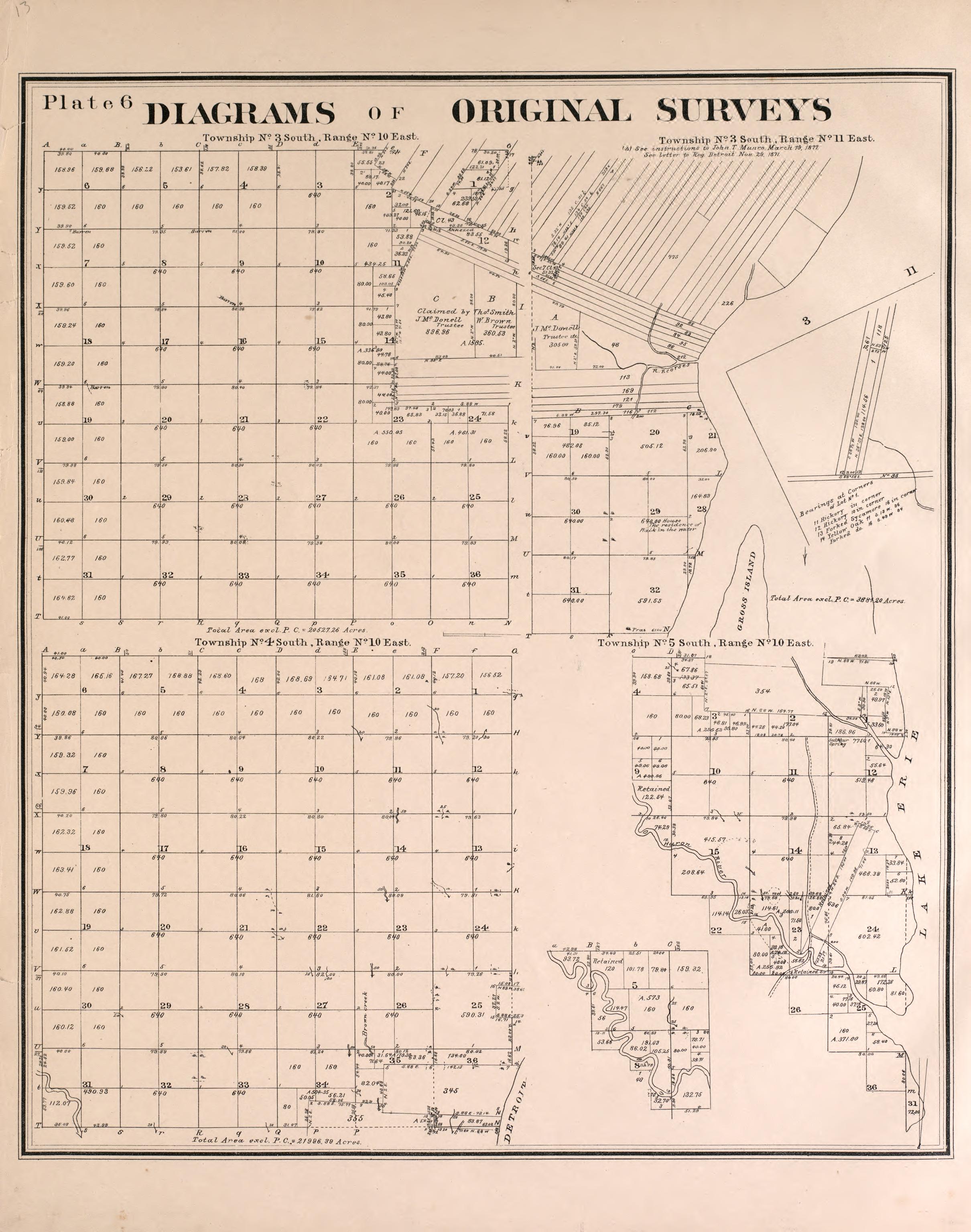 Diagrams of Original Surveys - 5 from Detailed Official Atlas of Wayne County, Michigan : Containing General Maps of Wayne County and City of Detroit, General Township Maps ... : Also Detail Plats of All Recorded Subdivisions and Additions … 1893 by Relic Map Company