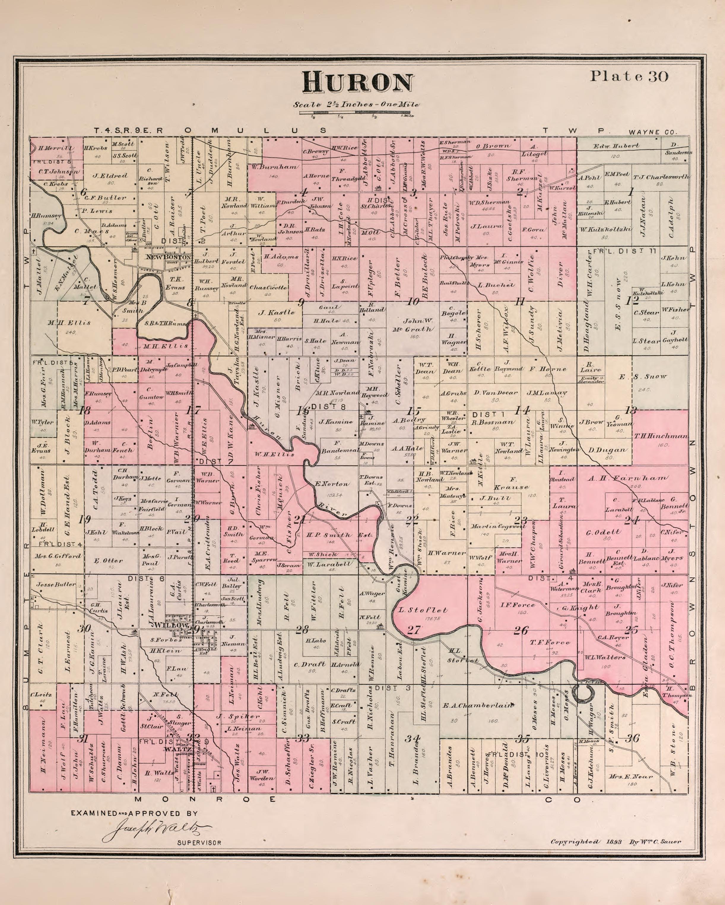 Huron Township from Detailed Official Atlas of Wayne County, Michigan : Containing General Maps of Wayne County and City of Detroit, General Township Maps ... : Also Detail Plats of All Recorded Subdivisions and Additions … 1893 by Relic Map Company