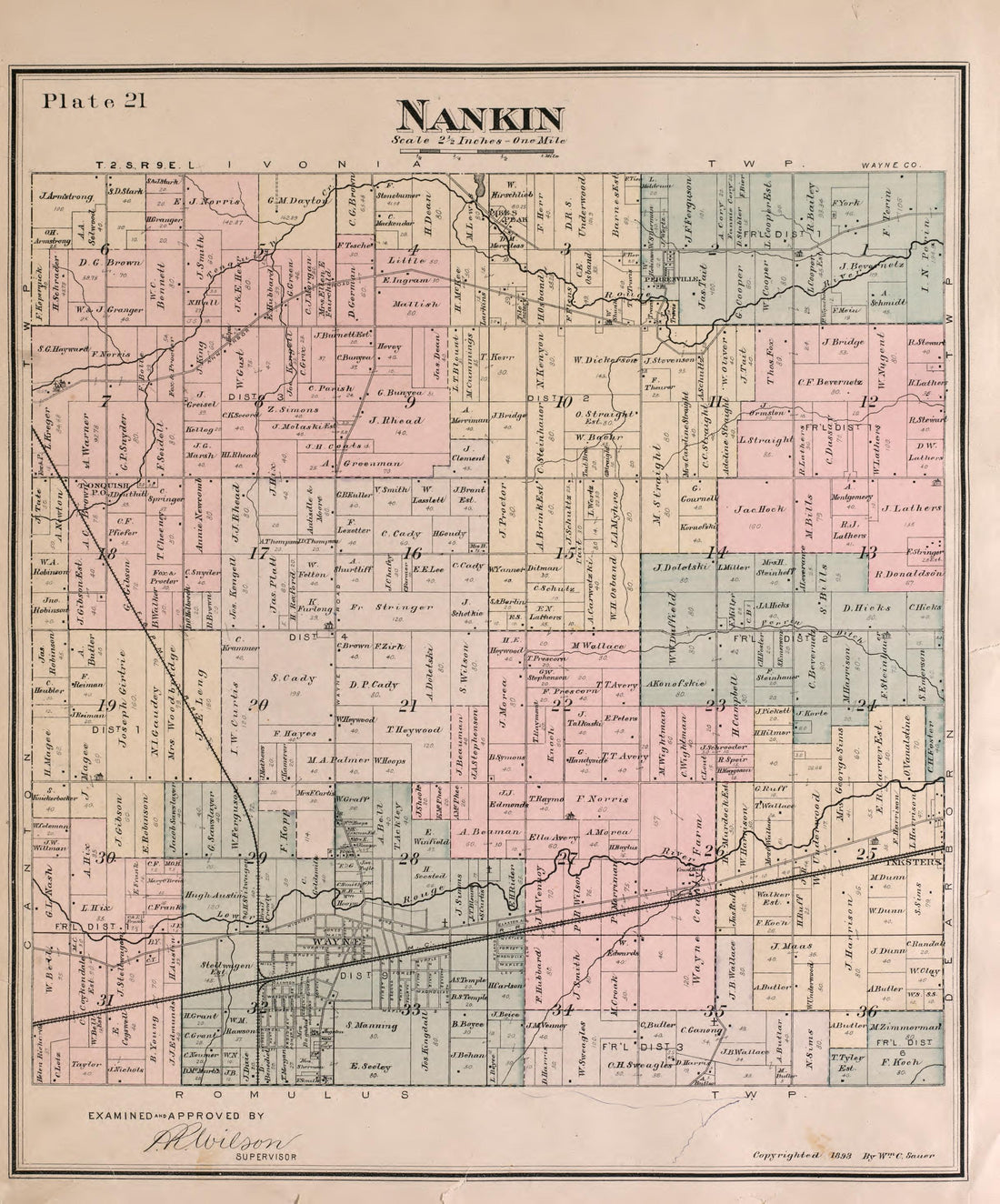 Nankin Township from Detailed Official Atlas of Wayne County, Michigan : Containing General Maps of Wayne County and City of Detroit, General Township Maps ... : Also Detail Plats of All Recorded Subdivisions and Additions … 1893 by Relic Map Company