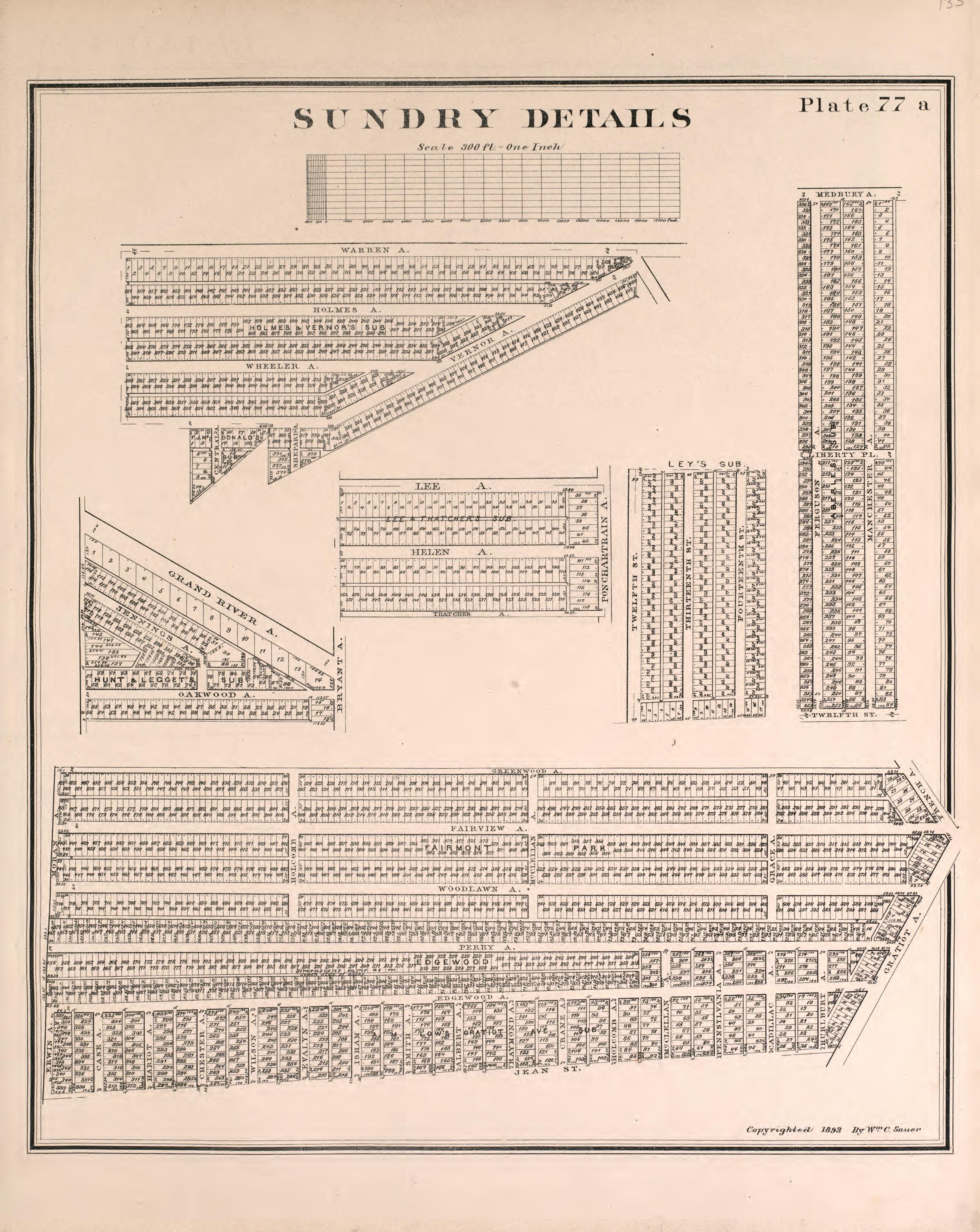 Sundry Details from Detailed Official Atlas of Wayne County, Michigan : Containing General Maps of Wayne County and City of Detroit, General Township Maps ... : Also Detail Plats of All Recorded Subdivisions and Additions … 1893 by Relic Map Company