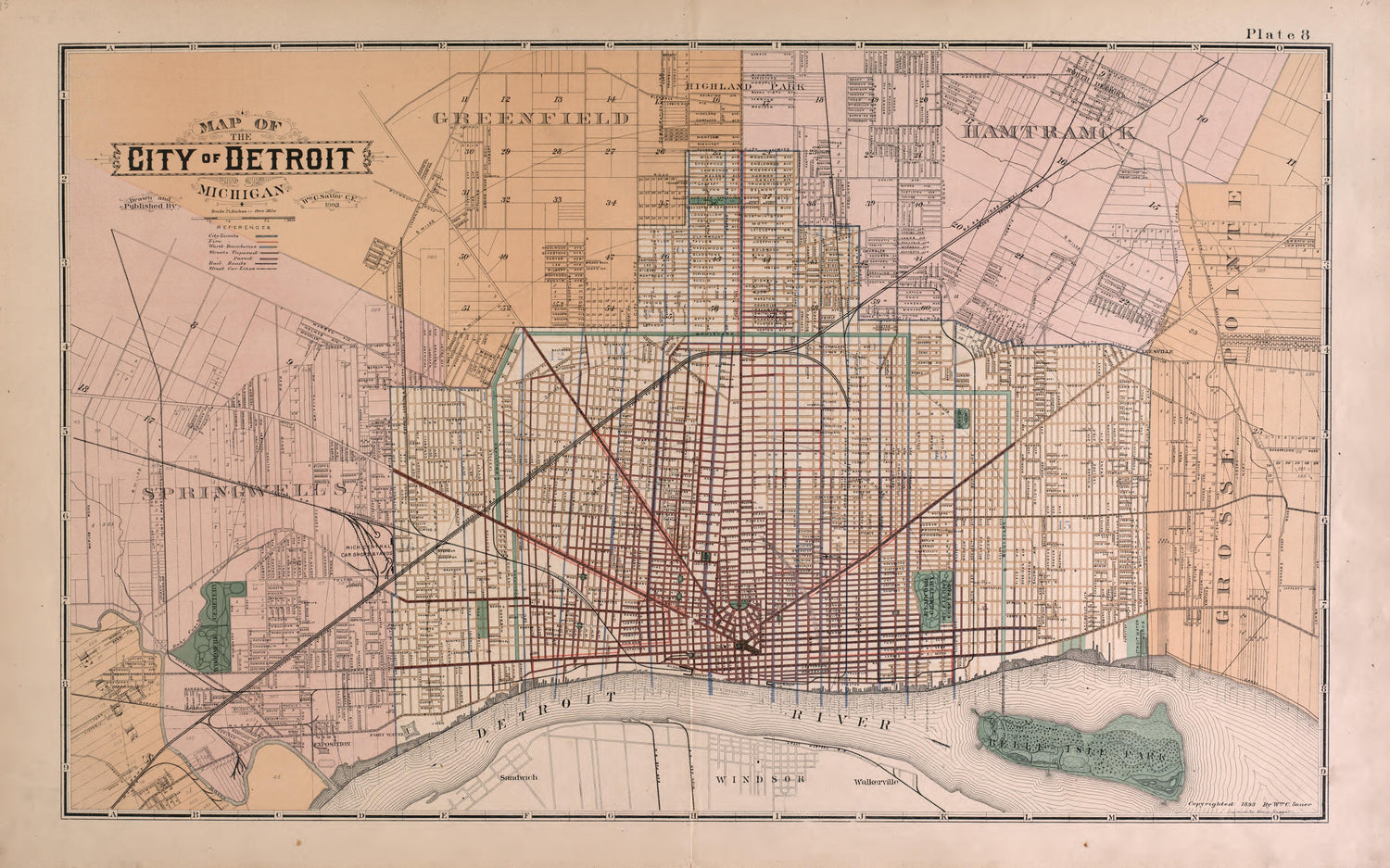 City of Detroit from Detailed Official Atlas of Wayne County, Michigan : Containing General Maps of Wayne County and City of Detroit, General Township Maps ... : Also Detail Plats of All Recorded Subdivisions and Additions … 1893 by Relic Map Company