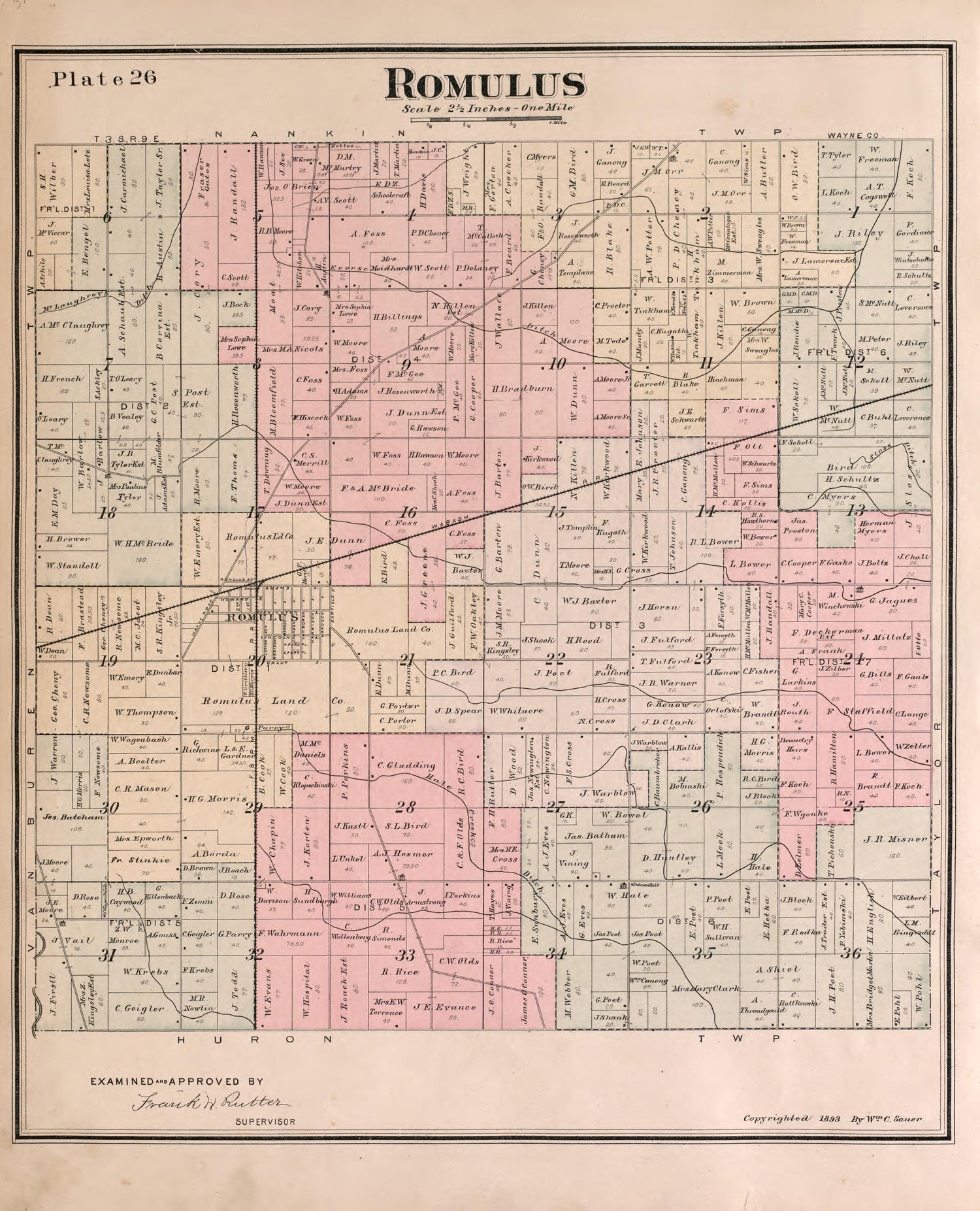 Romulus Township from Detailed Official Atlas of Wayne County, Michigan : Containing General Maps of Wayne County and City of Detroit, General Township Maps ... : Also Detail Plats of All Recorded Subdivisions and Additions … 1893 by Relic Map Company