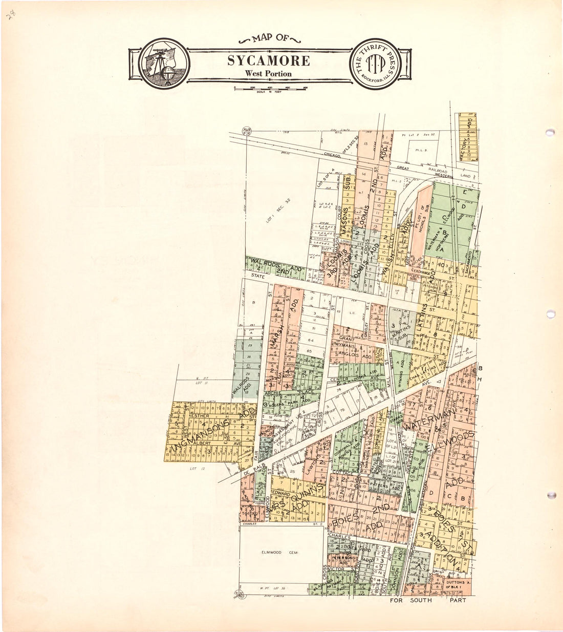 Map of Sycamore West Portion from Atlas and Plat Book of De Kalb County, Illinois : Compiled from Surveys and the Public Records of De Kalb County, Illinois 1929 by Relic Map Company