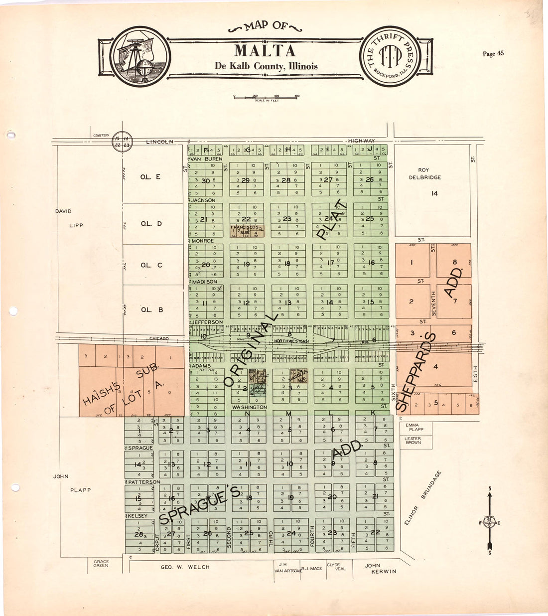 Map of Malta De Kalb County, Illinois from Atlas and Plat Book of De Kalb County, Illinois : Compiled from Surveys and the Public Records of De Kalb County, Illinois 1929 by Relic Map Company