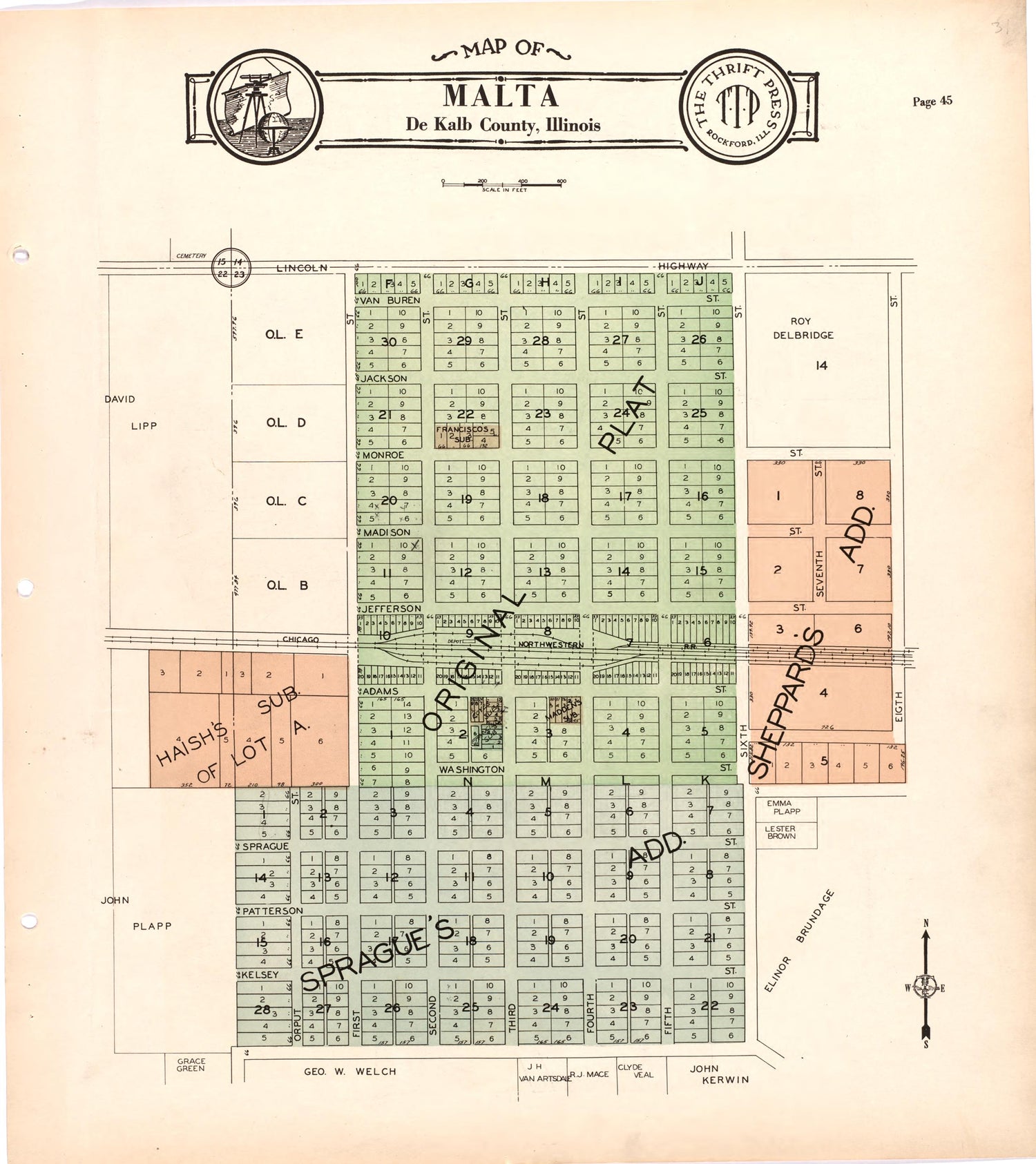 Map of Malta De Kalb County, Illinois from Atlas and Plat Book of De Kalb County, Illinois : Compiled from Surveys and the Public Records of De Kalb County, Illinois 1929 by Relic Map Company