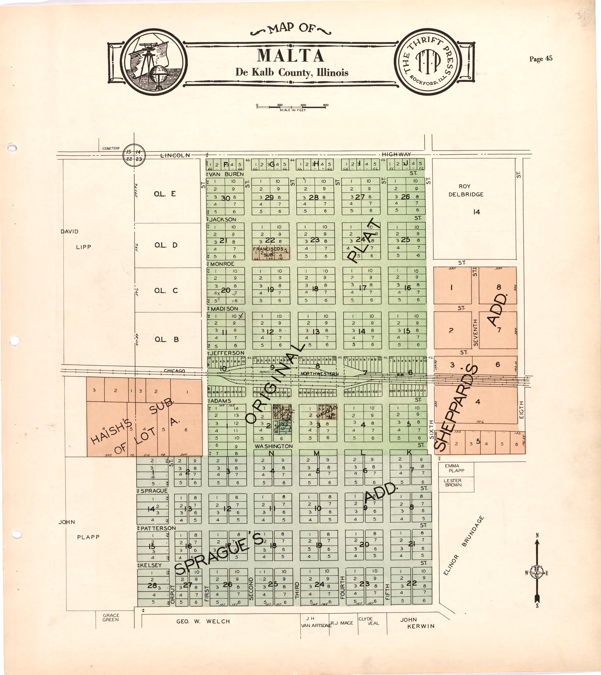 Map of Malta De Kalb County, Illinois from Atlas and Plat Book of De Kalb County, Illinois : Compiled from Surveys and the Public Records of De Kalb County, Illinois 1929 by Relic Map Company