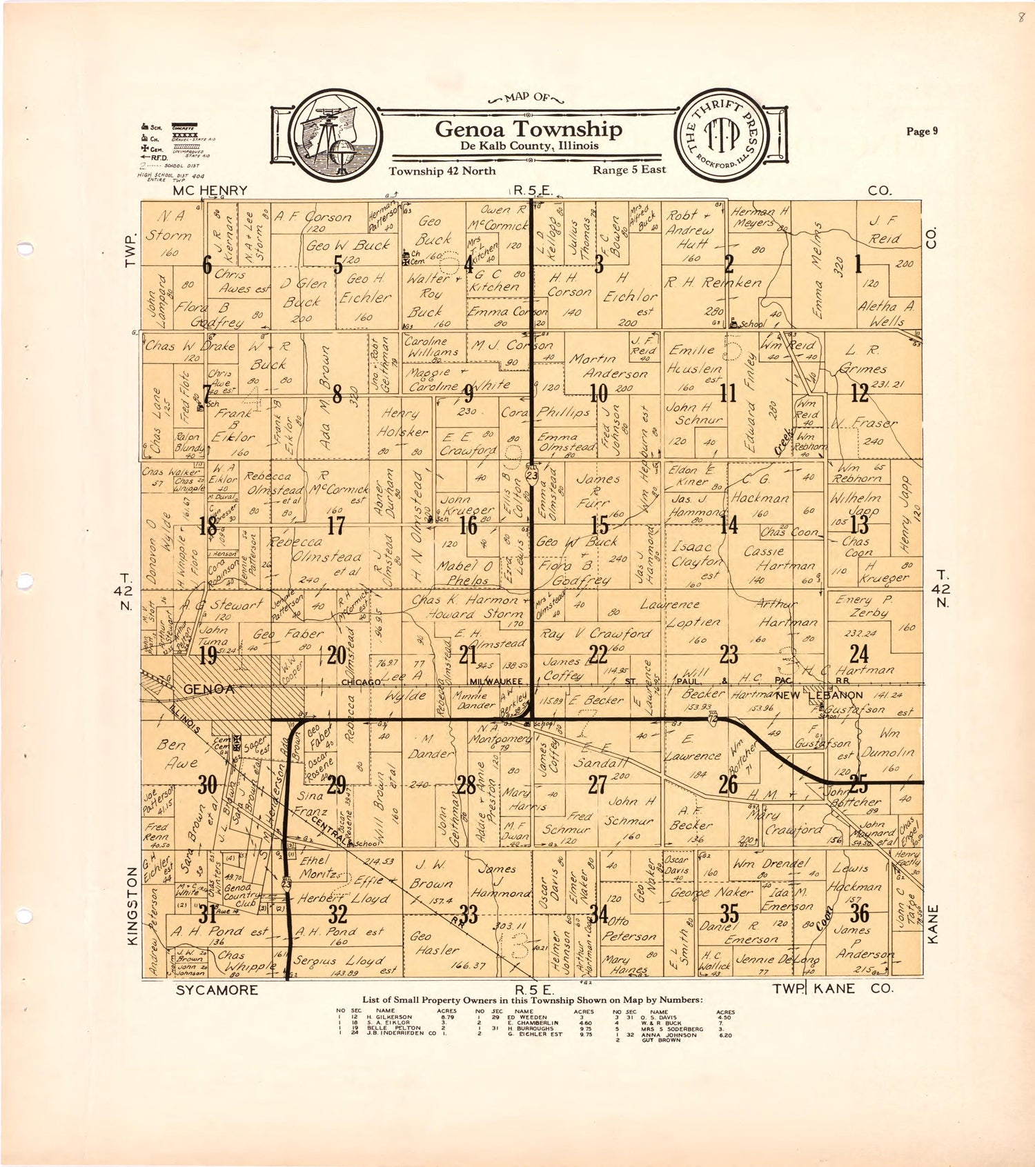 Map of Genoa Township De Kalb County, Illinois from Atlas and Plat Book of De Kalb County, Illinois : Compiled from Surveys and the Public Records of De Kalb County, Illinois 1929 by Relic Map Company