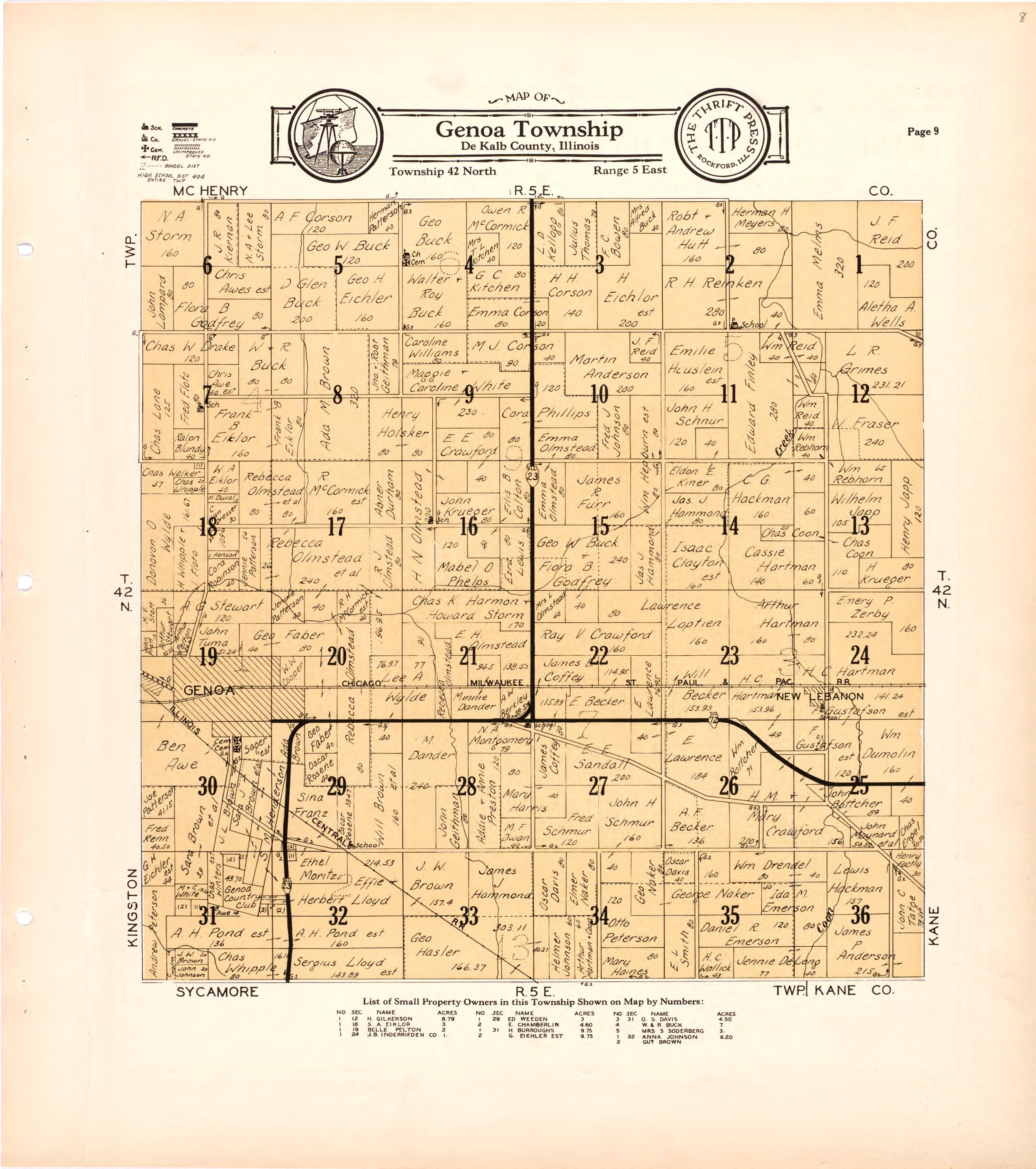 Map of Genoa Township De Kalb County, Illinois from Atlas and Plat Book of De Kalb County, Illinois : Compiled from Surveys and the Public Records of De Kalb County, Illinois 1929 by Relic Map Company