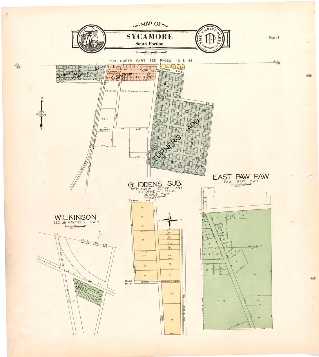 Map of Sycamore South Portion from Atlas and Plat Book of De Kalb County, Illinois : Compiled from Surveys and the Public Records of De Kalb County, Illinois 1929 by Relic Map Company