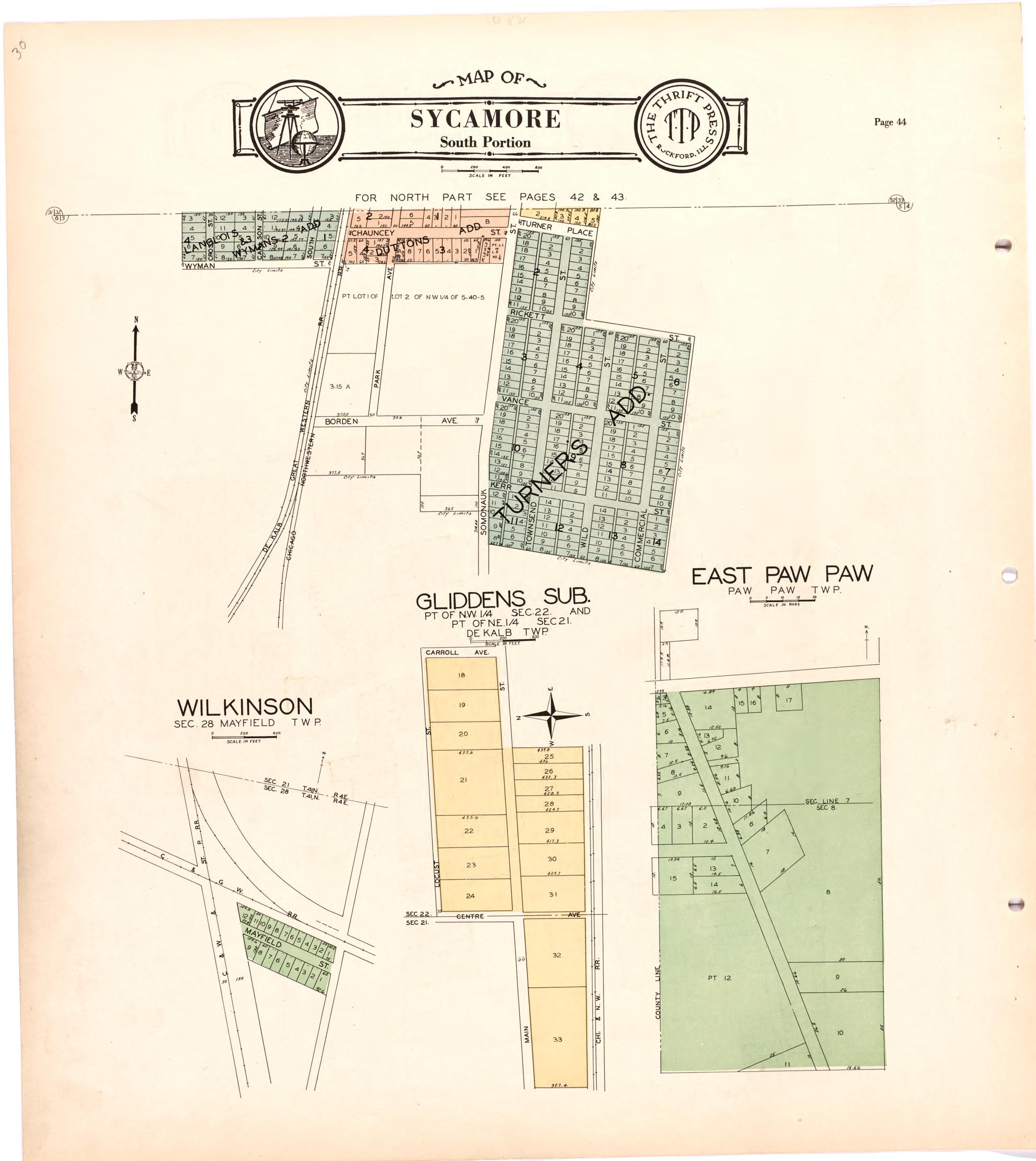 Map of Sycamore South Portion from Atlas and Plat Book of De Kalb County, Illinois : Compiled from Surveys and the Public Records of De Kalb County, Illinois 1929 by Relic Map Company