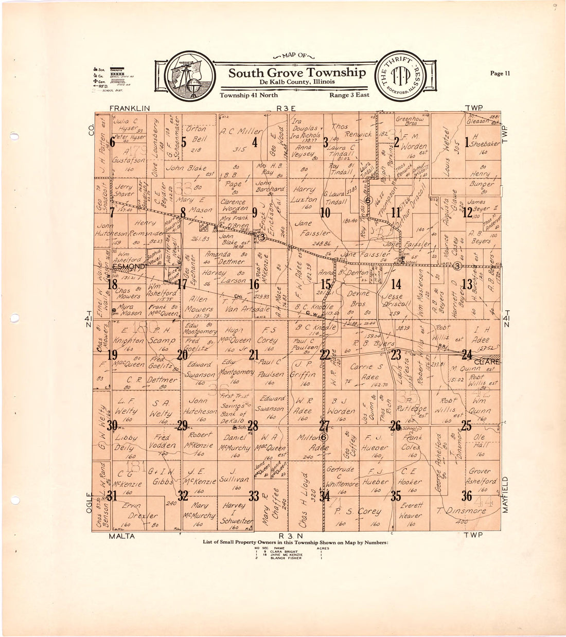 Map of South Grove Township De Kalb County, Illinois from Atlas and Plat Book of De Kalb County, Illinois : Compiled from Surveys and the Public Records of De Kalb County, Illinois 1929 by Relic Map Company