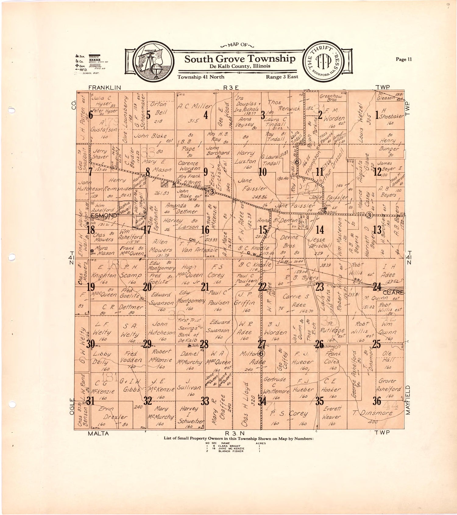 Map of South Grove Township De Kalb County, Illinois from Atlas and Plat Book of De Kalb County, Illinois : Compiled from Surveys and the Public Records of De Kalb County, Illinois 1929 by Relic Map Company