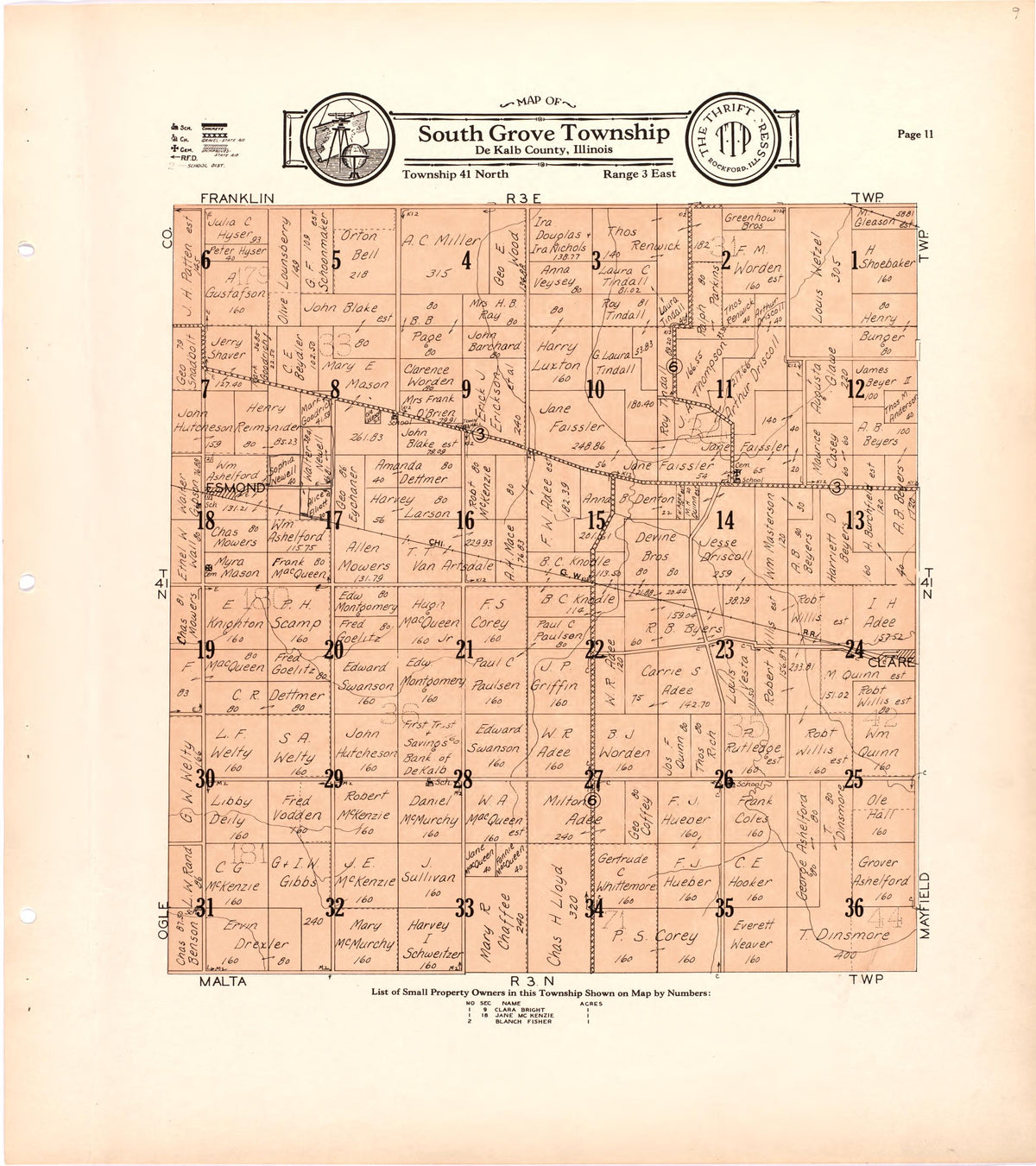 Map of South Grove Township De Kalb County, Illinois from Atlas and Plat Book of De Kalb County, Illinois : Compiled from Surveys and the Public Records of De Kalb County, Illinois 1929 by Relic Map Company