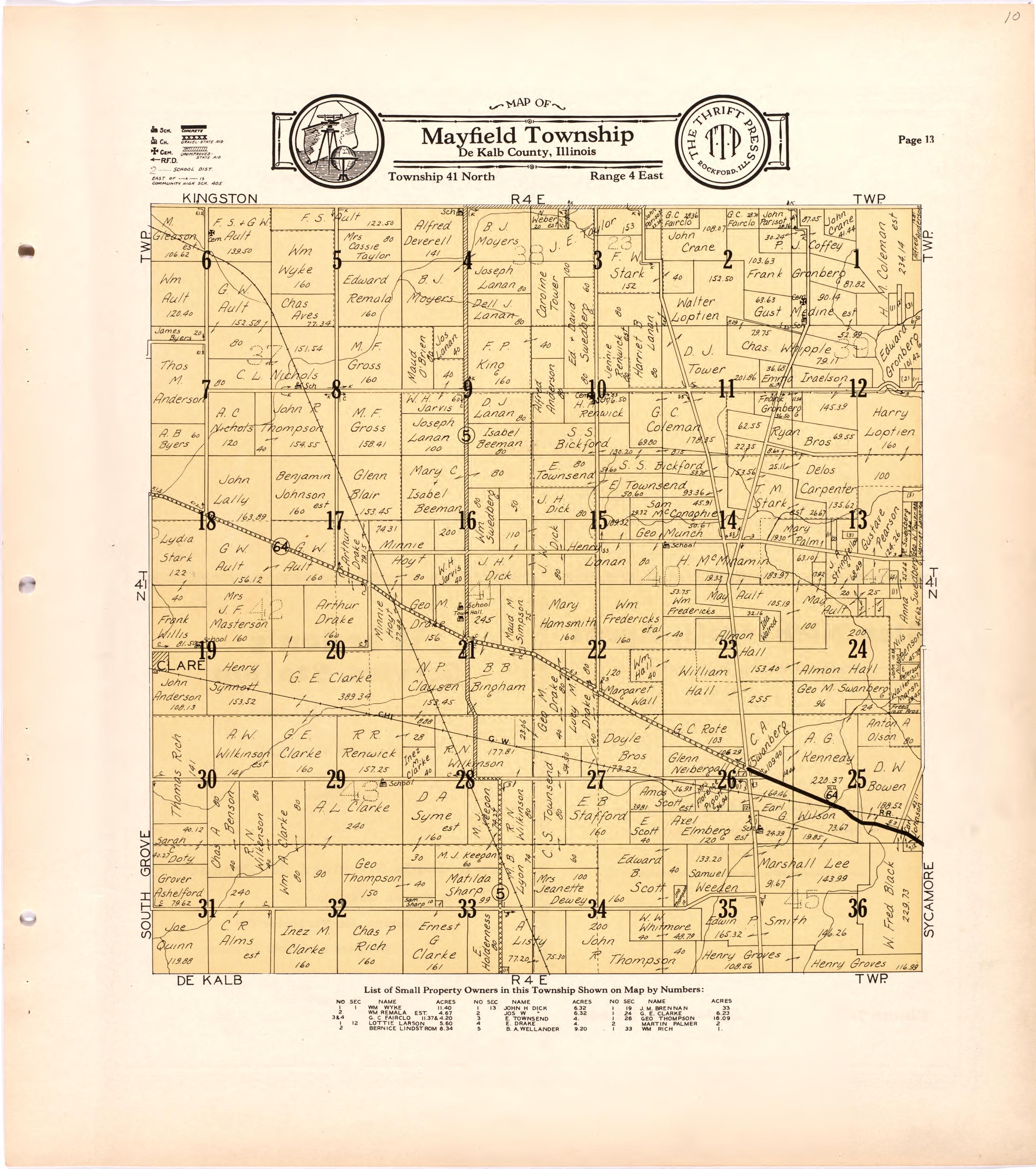 Map of Mayfield Township De Kalb County, Illinois from Atlas and Plat Book of De Kalb County, Illinois : Compiled from Surveys and the Public Records of De Kalb County, Illinois 1929 by Relic Map Company
