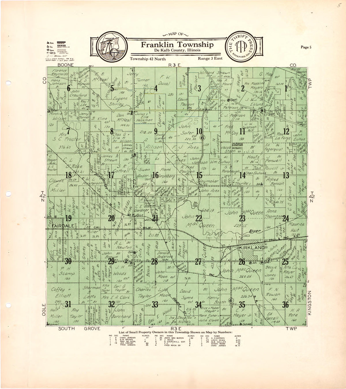 Map of Franklin Township De Kalb County, Illinois from Atlas and Plat Book of De Kalb County, Illinois : Compiled from Surveys and the Public Records of De Kalb County, Illinois 1929 by Relic Map Company