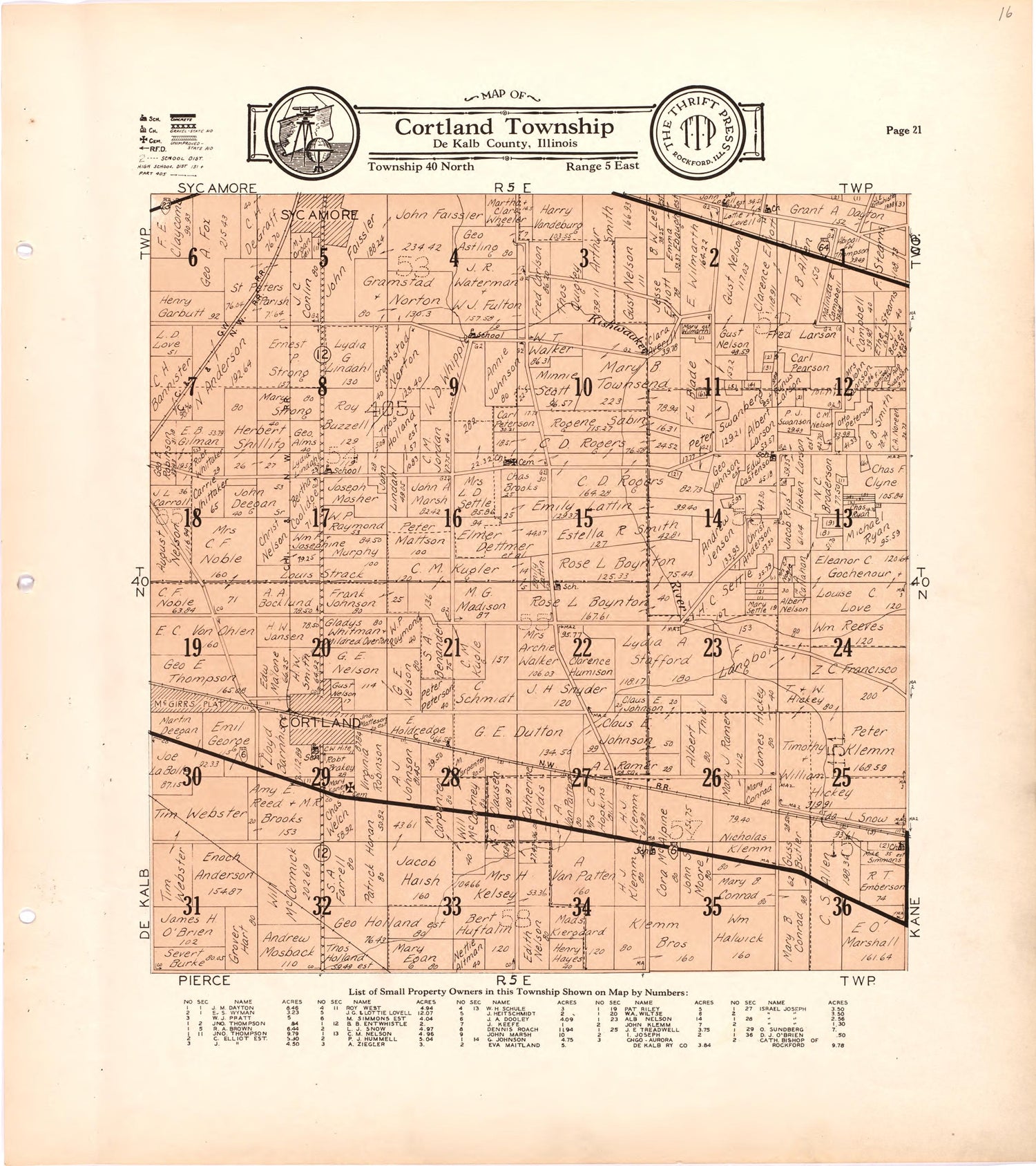 Map of Cortland Township De Kalb County, Illinois from Atlas and Plat Book of De Kalb County, Illinois : Compiled from Surveys and the Public Records of De Kalb County, Illinois 1929 by Relic Map Company