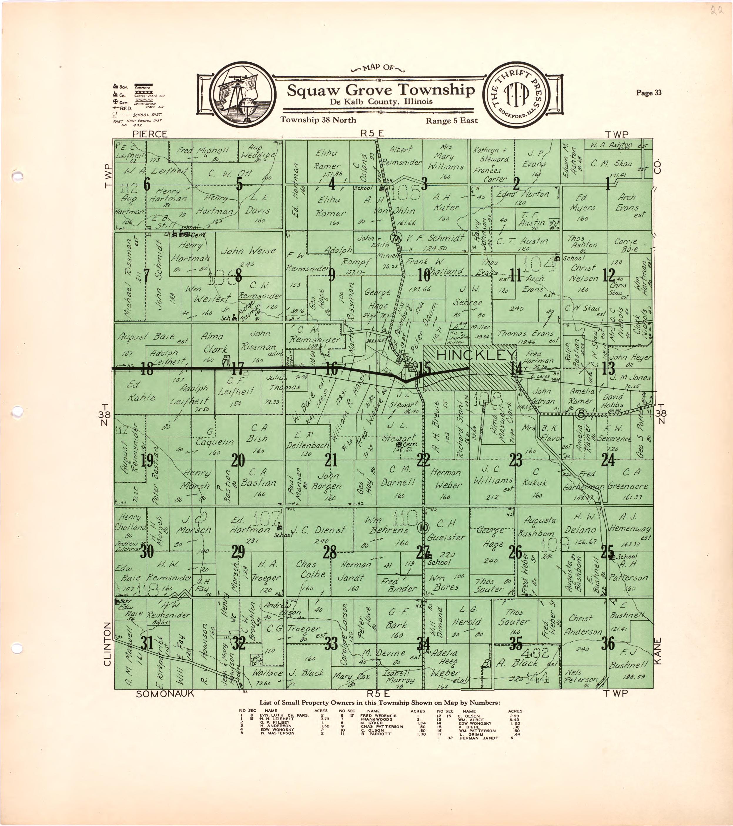 Map of Squaw Grove Township De Kalb County, Illinois from Atlas and Plat Book of De Kalb County, Illinois : Compiled from Surveys and the Public Records of De Kalb County, Illinois 1929 by Relic Map Company