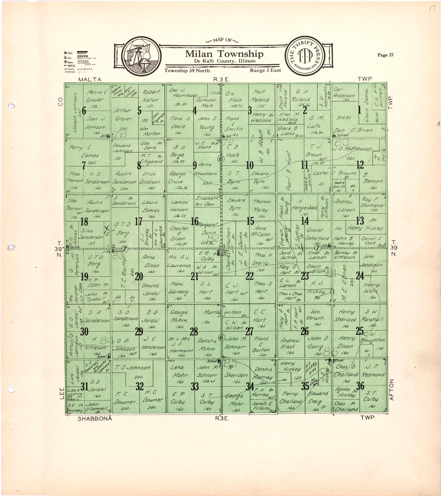 Map of Milan Township De Kalb County, Illinois from Atlas and Plat Book of De Kalb County, Illinois : Compiled from Surveys and the Public Records of De Kalb County, Illinois 1929 by Relic Map Company