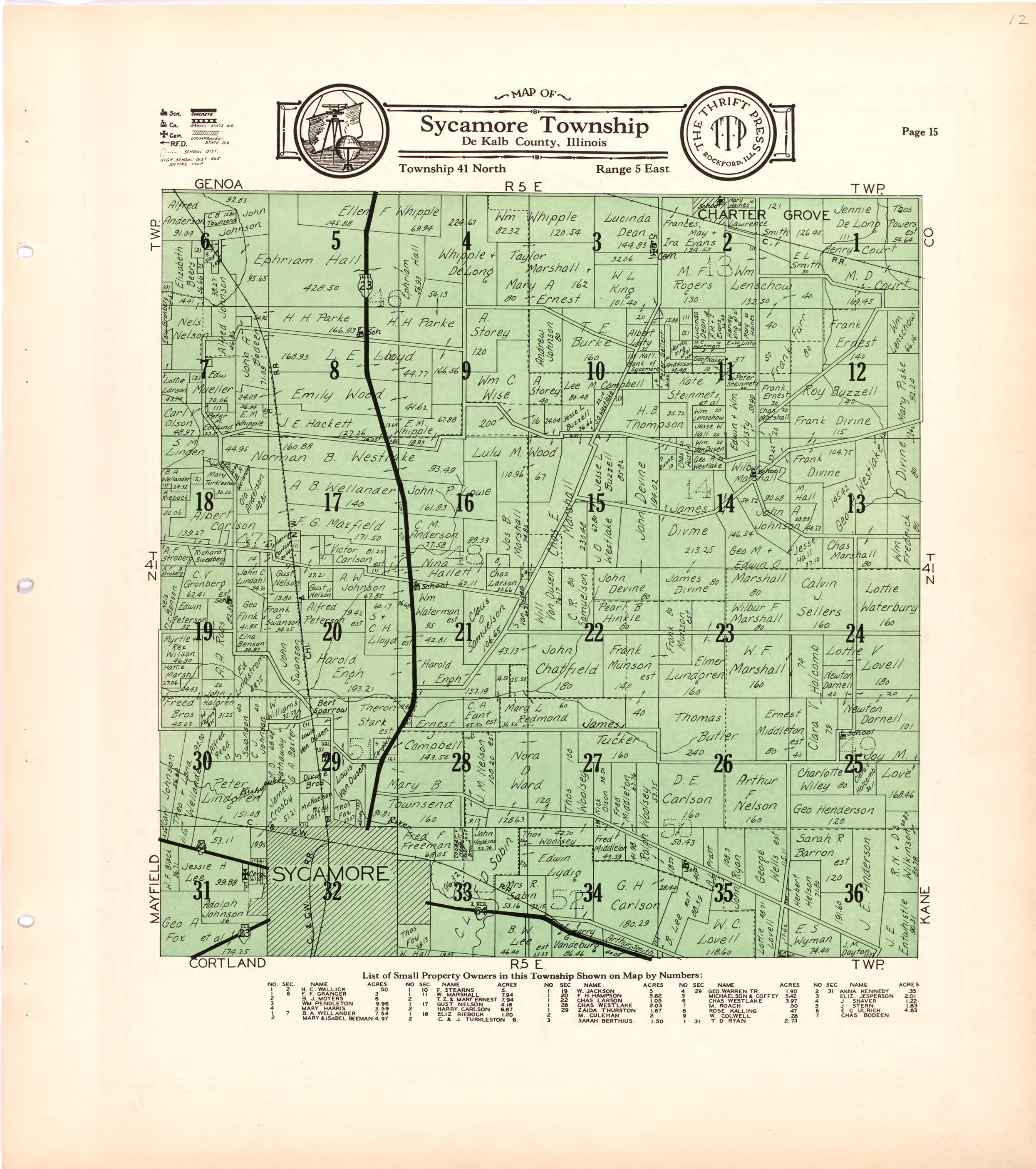 Map of Sycamore Township De Kalb County, Illinois from Atlas and Plat Book of De Kalb County, Illinois : Compiled from Surveys and the Public Records of De Kalb County, Illinois 1929 by Relic Map Company
