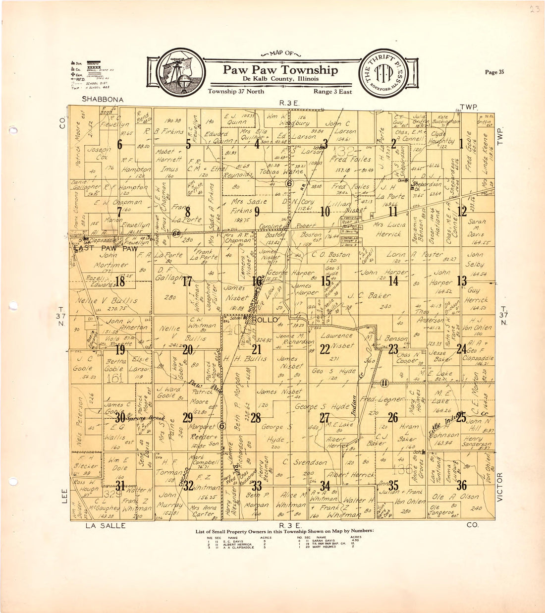 Map of Paw Paw Township De Kalb County, Illinois from Atlas and Plat Book of De Kalb County, Illinois : Compiled from Surveys and the Public Records of De Kalb County, Illinois 1929 by Relic Map Company