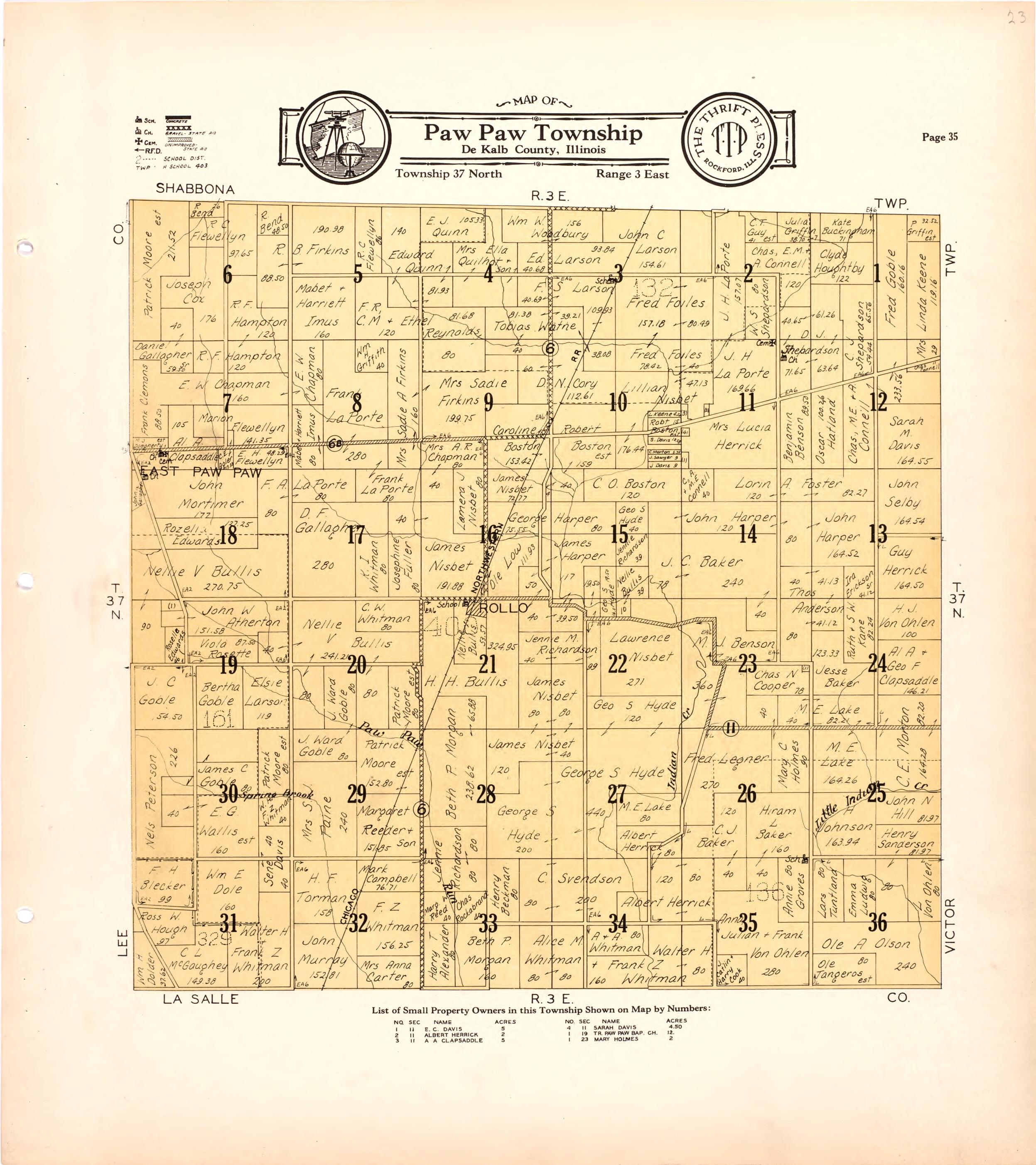 Map of Paw Paw Township De Kalb County, Illinois from Atlas and Plat Book of De Kalb County, Illinois : Compiled from Surveys and the Public Records of De Kalb County, Illinois 1929 by Relic Map Company
