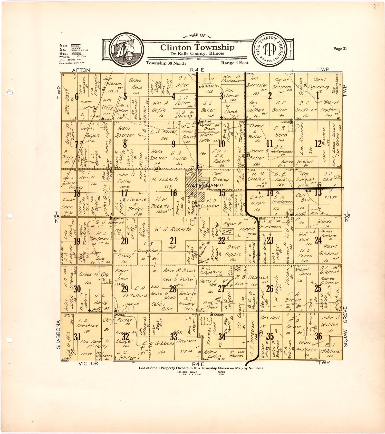 Map of Clinton Township De Kalb County, Illinois from Atlas and Plat Book of De Kalb County, Illinois : Compiled from Surveys and the Public Records of De Kalb County, Illinois 1929 by Relic Map Company