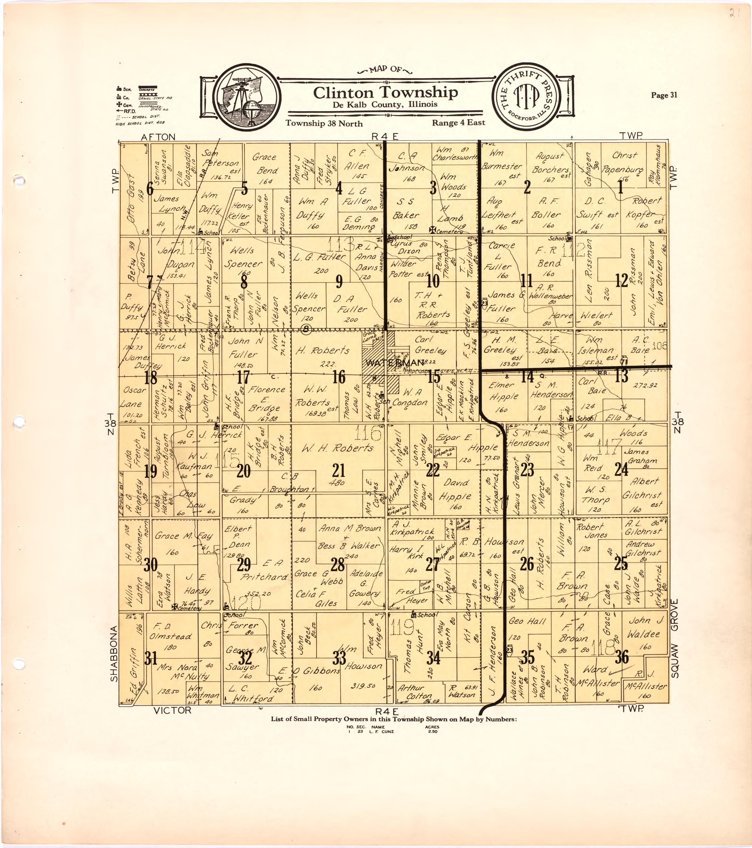 Map of Clinton Township De Kalb County, Illinois from Atlas and Plat Book of De Kalb County, Illinois : Compiled from Surveys and the Public Records of De Kalb County, Illinois 1929 by Relic Map Company