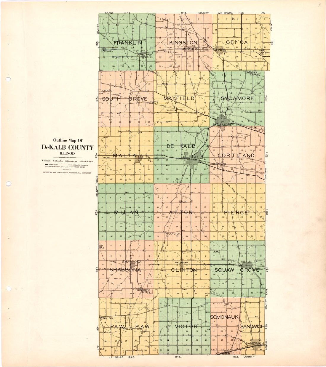 Outline Map of DeKalb County Illinois from Atlas and Plat Book of De Kalb County, Illinois : Compiled from Surveys and the Public Records of De Kalb County, Illinois 1929 by Relic Map Company