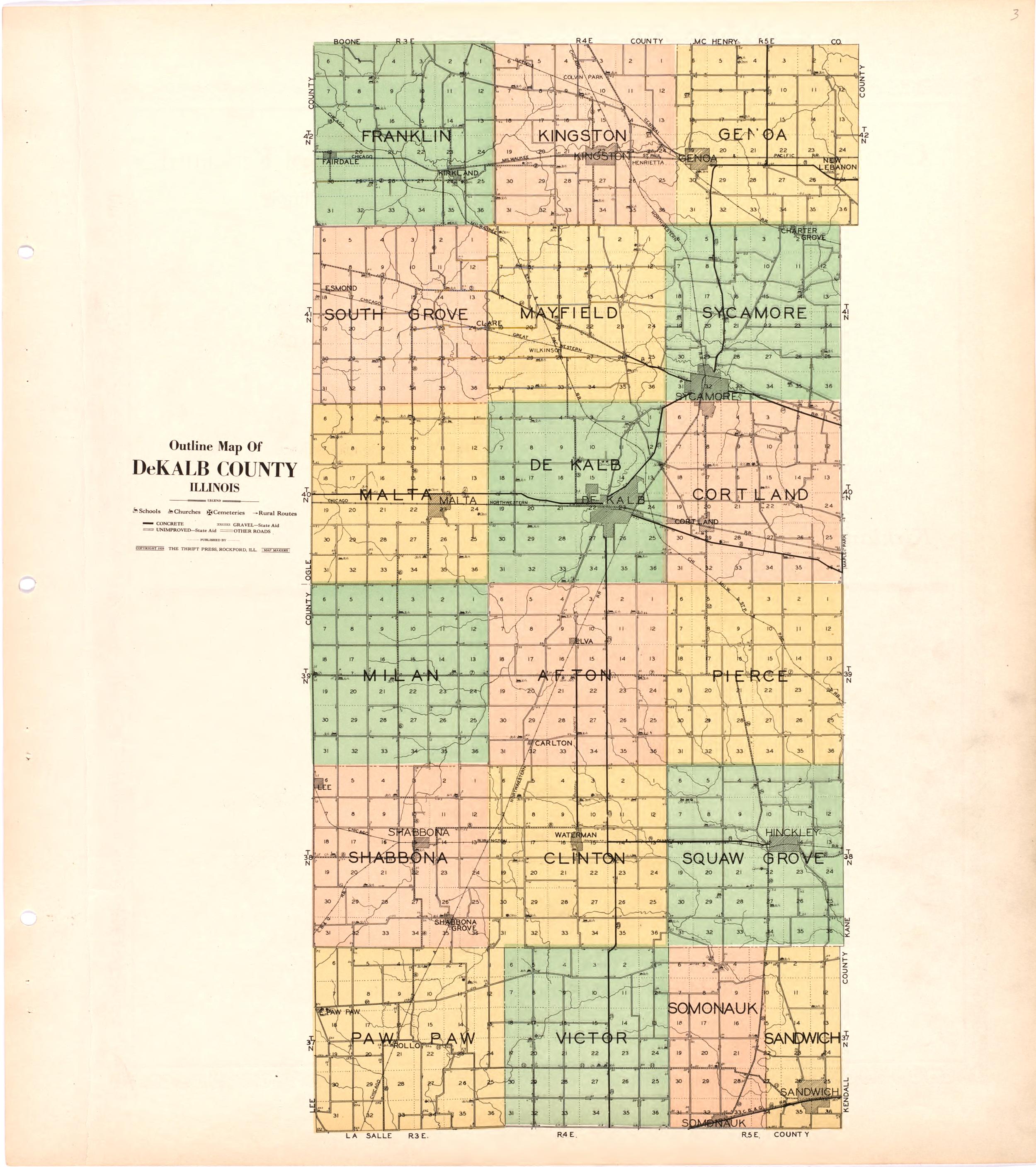 Outline Map of DeKalb County Illinois from Atlas and Plat Book of De Kalb County, Illinois : Compiled from Surveys and the Public Records of De Kalb County, Illinois 1929 by Relic Map Company