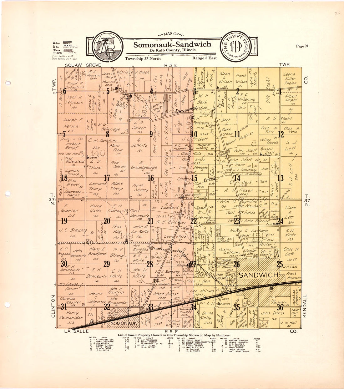 Map of Somonauk-Sandwich De Kalb County, Illinois from Atlas and Plat Book of De Kalb County, Illinois : Compiled from Surveys and the Public Records of De Kalb County, Illinois 1929 by Relic Map Company