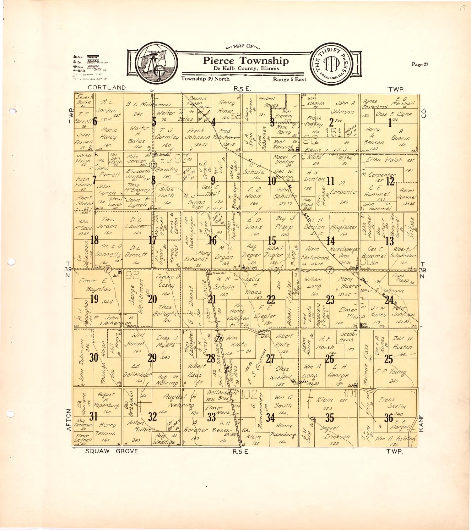 Map of Pierce Township De Kalb County, Illinois from Atlas and Plat Book of De Kalb County, Illinois : Compiled from Surveys and the Public Records of De Kalb County, Illinois 1929 by Relic Map Company