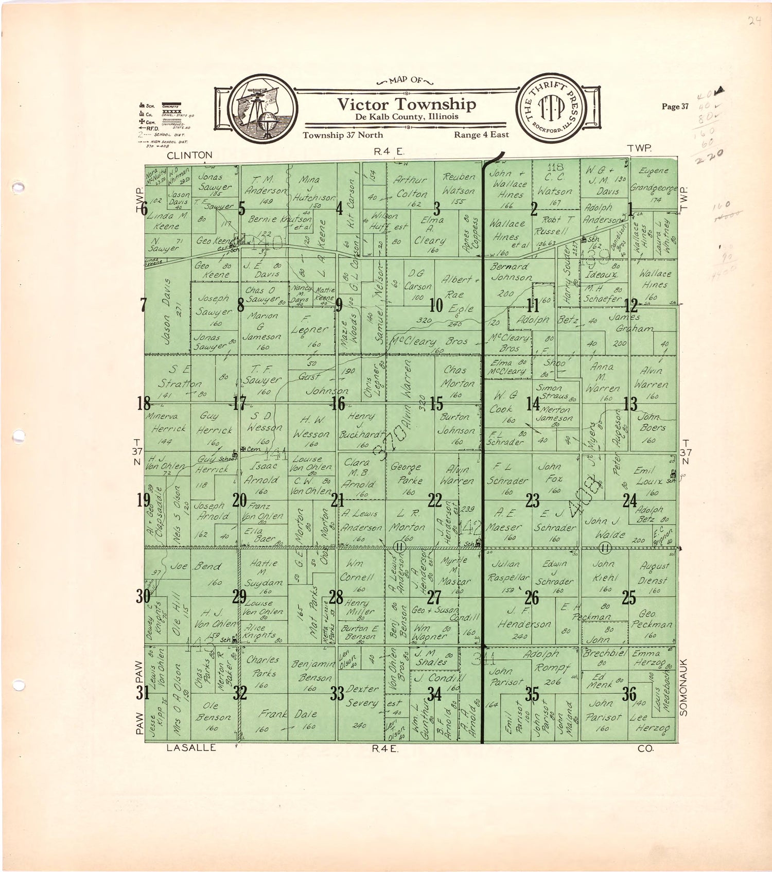 Map of Victor Township De Kalb County, Illinois from Atlas and Plat Book of De Kalb County, Illinois : Compiled from Surveys and the Public Records of De Kalb County, Illinois 1929 by Relic Map Company