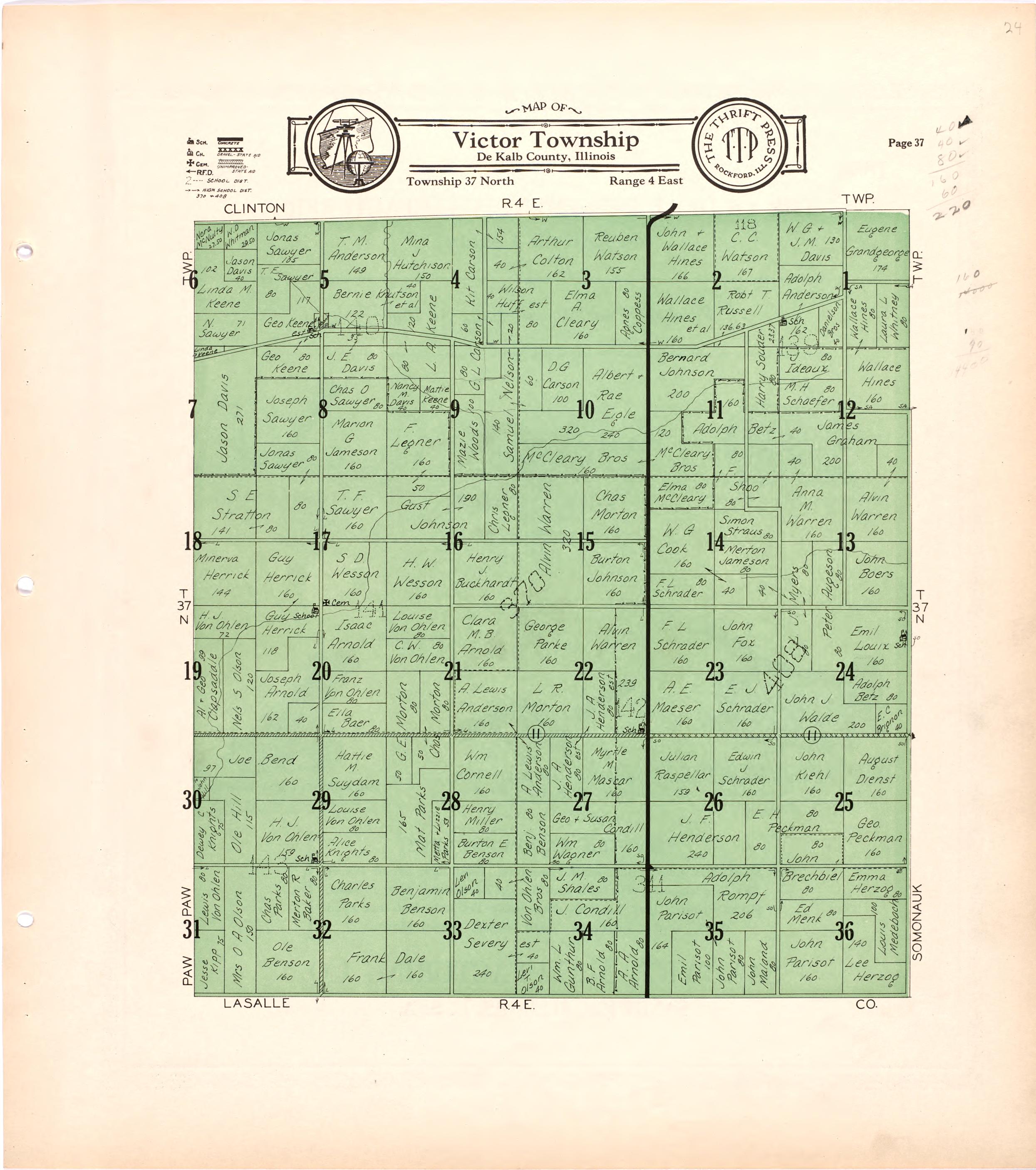 Map of Victor Township De Kalb County, Illinois from Atlas and Plat Book of De Kalb County, Illinois : Compiled from Surveys and the Public Records of De Kalb County, Illinois 1929 by Relic Map Company