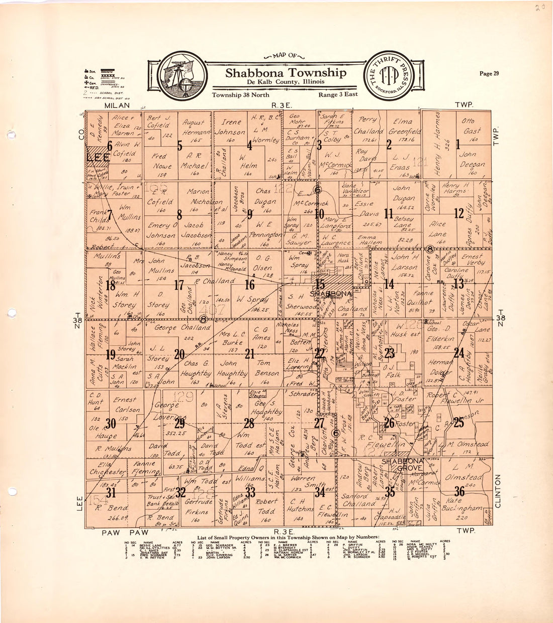 Map of Shabbona Township De Kalb County, Illinois from Atlas and Plat Book of De Kalb County, Illinois : Compiled from Surveys and the Public Records of De Kalb County, Illinois 1929 by Relic Map Company