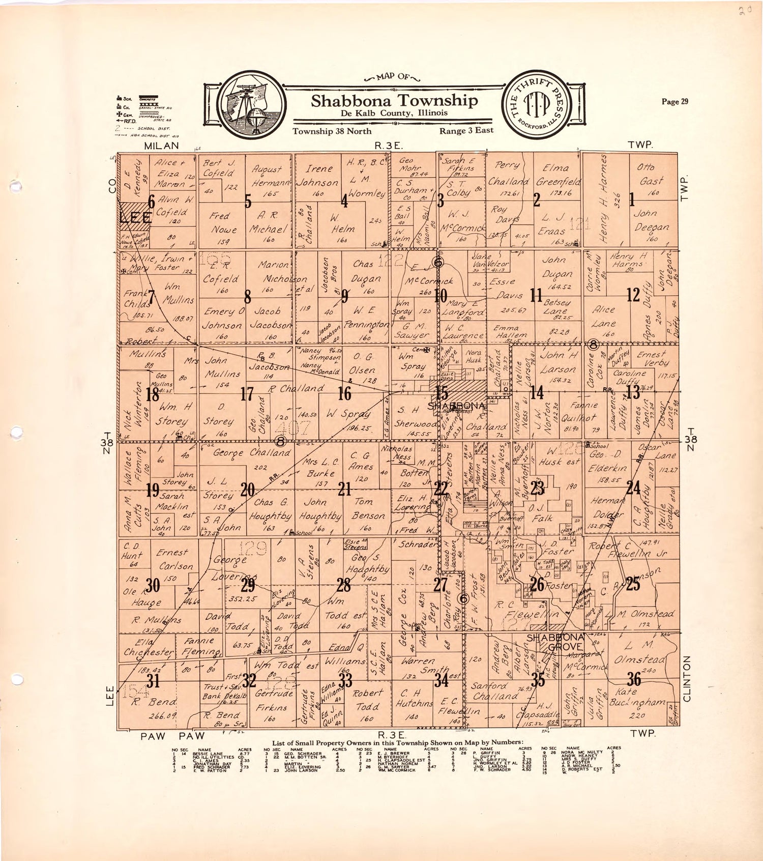 Map of Shabbona Township De Kalb County, Illinois from Atlas and Plat Book of De Kalb County, Illinois : Compiled from Surveys and the Public Records of De Kalb County, Illinois 1929 by Relic Map Company