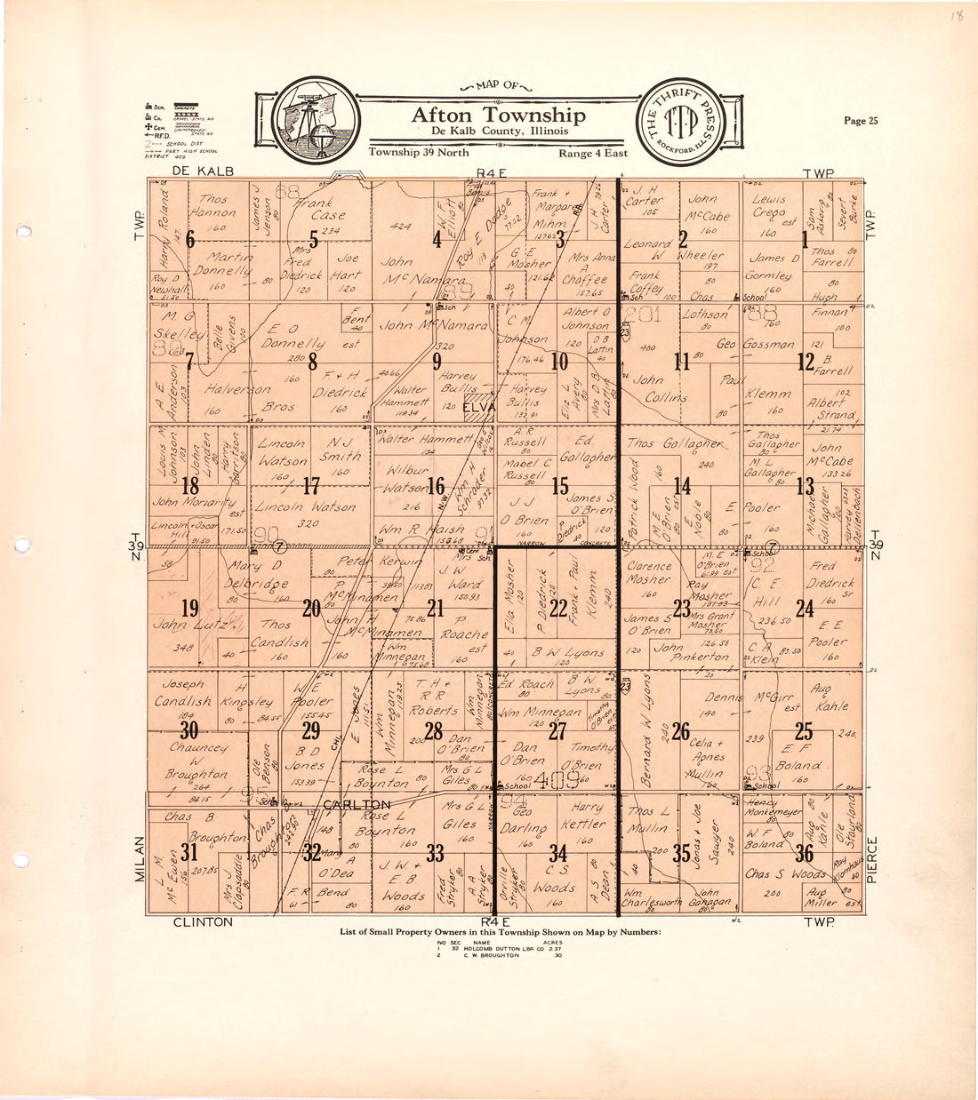 Map of Afton Township De Kalb County, Illinois from Atlas and Plat Book of De Kalb County, Illinois : Compiled from Surveys and the Public Records of De Kalb County, Illinois 1929 by Relic Map Company