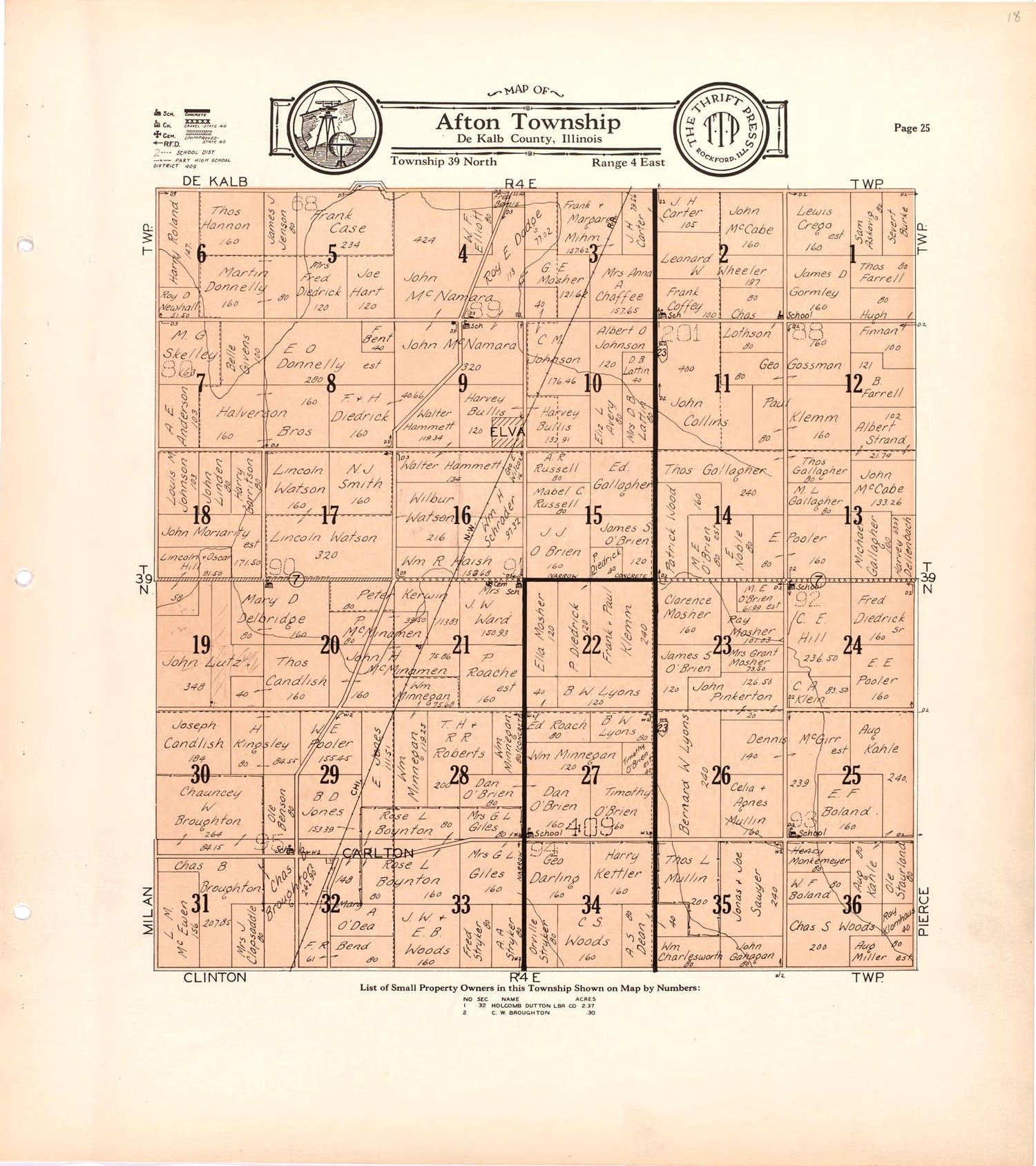 Map of Afton Township De Kalb County, Illinois from Atlas and Plat Book of De Kalb County, Illinois : Compiled from Surveys and the Public Records of De Kalb County, Illinois 1929 by Relic Map Company
