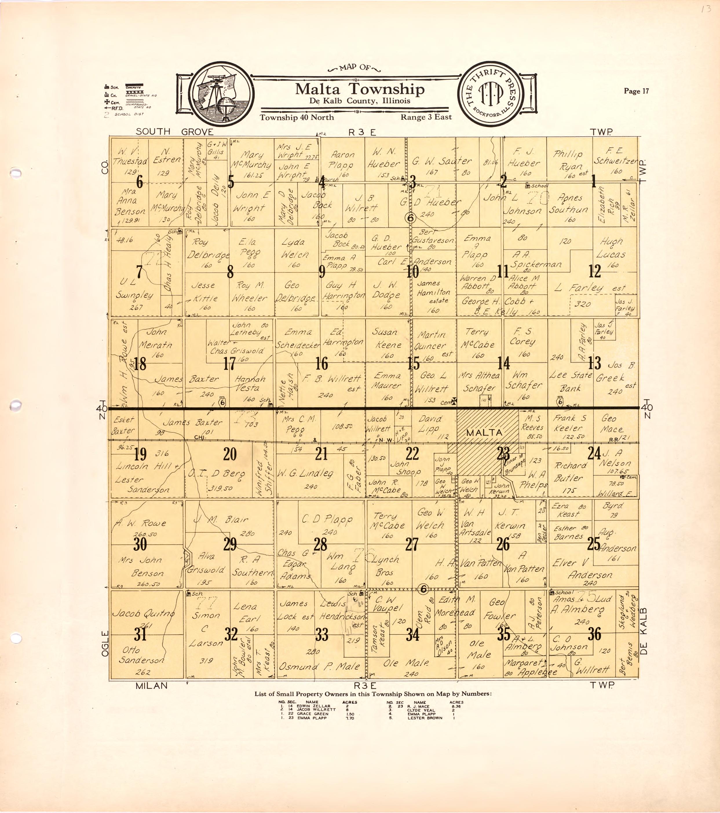 Map of Malta Township De Kalb County, Illinois from Atlas and Plat Book of De Kalb County, Illinois : Compiled from Surveys and the Public Records of De Kalb County, Illinois 1929 by Relic Map Company