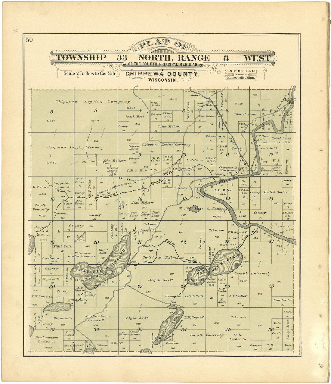 Plat of Township 33 North, Range 8 West from Plat Book of Chippewa County, Wisconsin 1888 by Relic Map Company