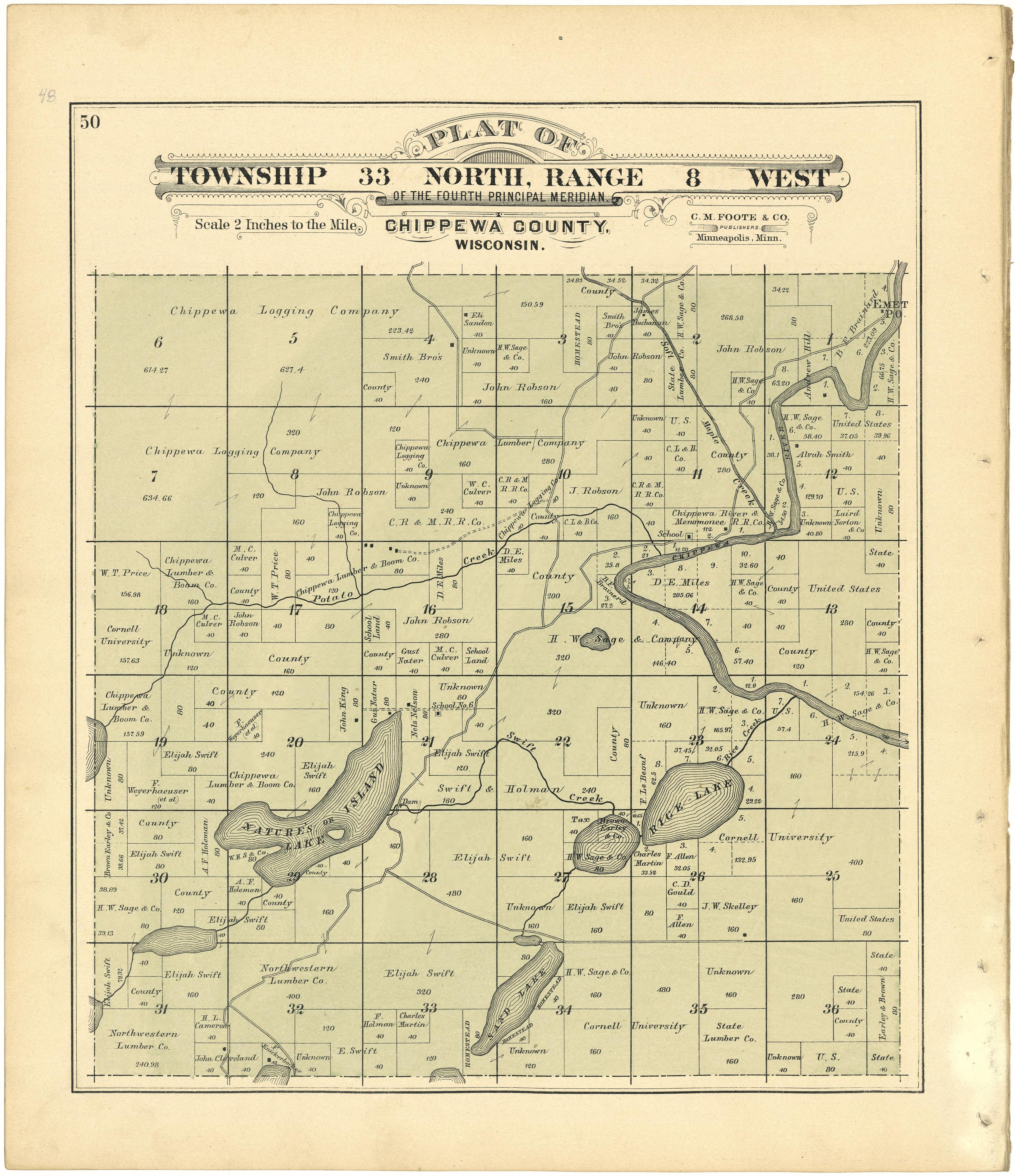 Plat of Township 33 North, Range 8 West from Plat Book of Chippewa County, Wisconsin 1888 by Relic Map Company