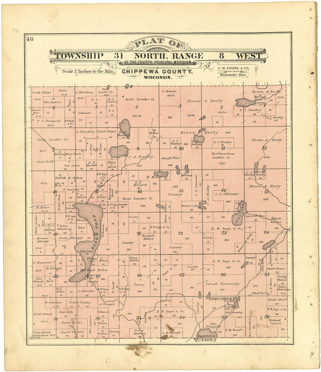 Plat of Township 31 North, Range 8 West from Plat Book of Chippewa County, Wisconsin 1888 by Relic Map Company