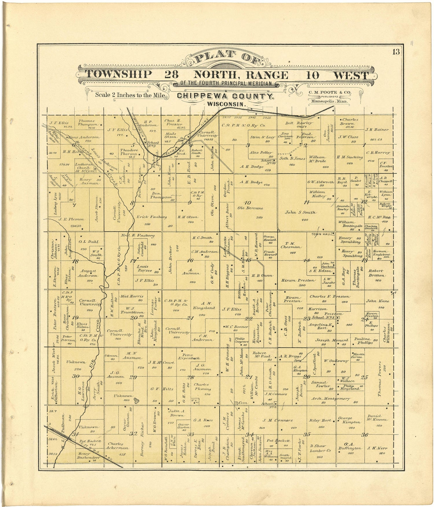 Plat of Township 28 North, Range 10 West from Plat Book of Chippewa County, Wisconsin 1888 by Relic Map Company
