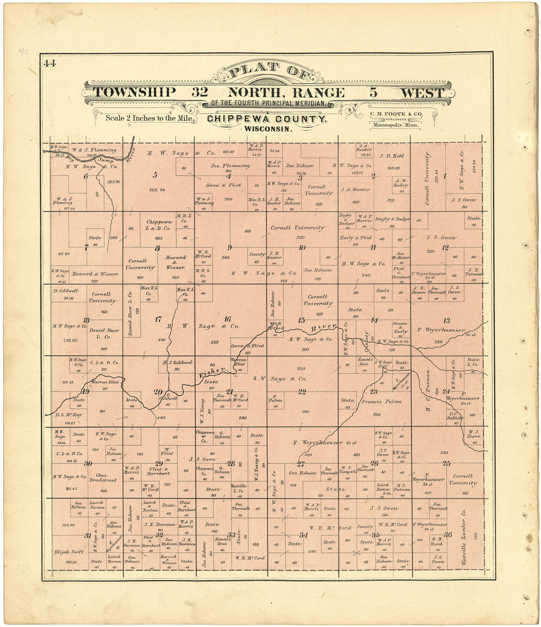 Plat of Township 32 North, Range 5 West from Plat Book of Chippewa County, Wisconsin 1888 by Relic Map Company