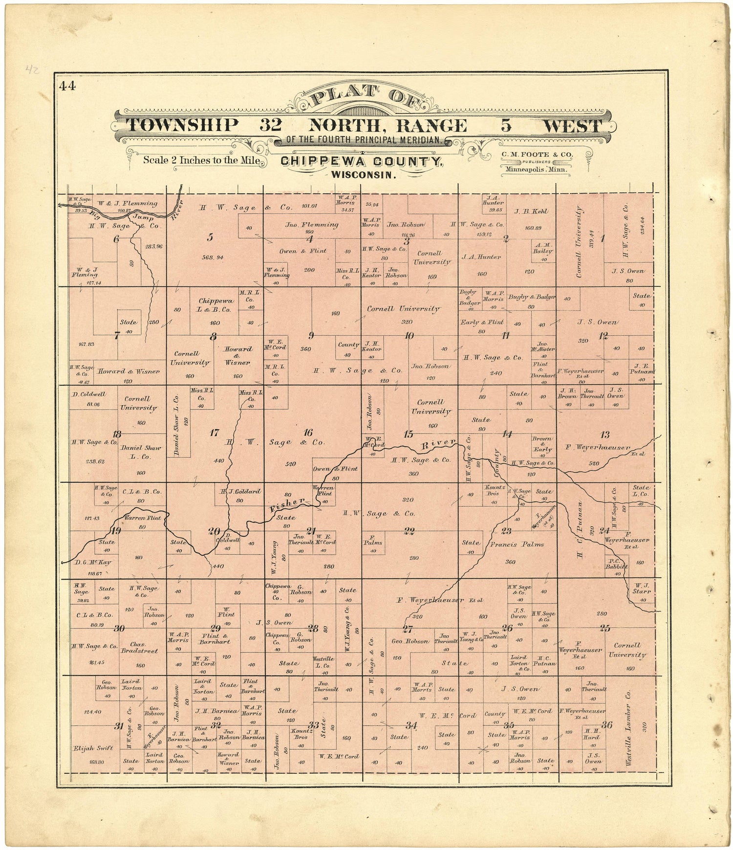 Plat of Township 32 North, Range 5 West from Plat Book of Chippewa County, Wisconsin 1888 by Relic Map Company